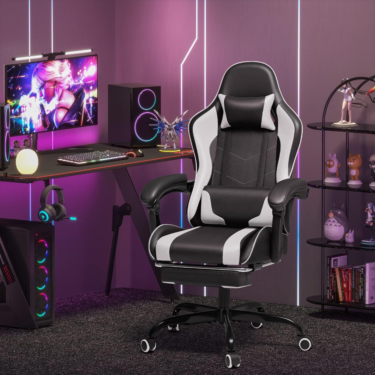 Homall Gaming Chair, Video Game Chair with Footrest and Massage Lumbar Support, Ergonomic Computer Chair Height Adjustable with Swivel Seat and Headrest (Grey)