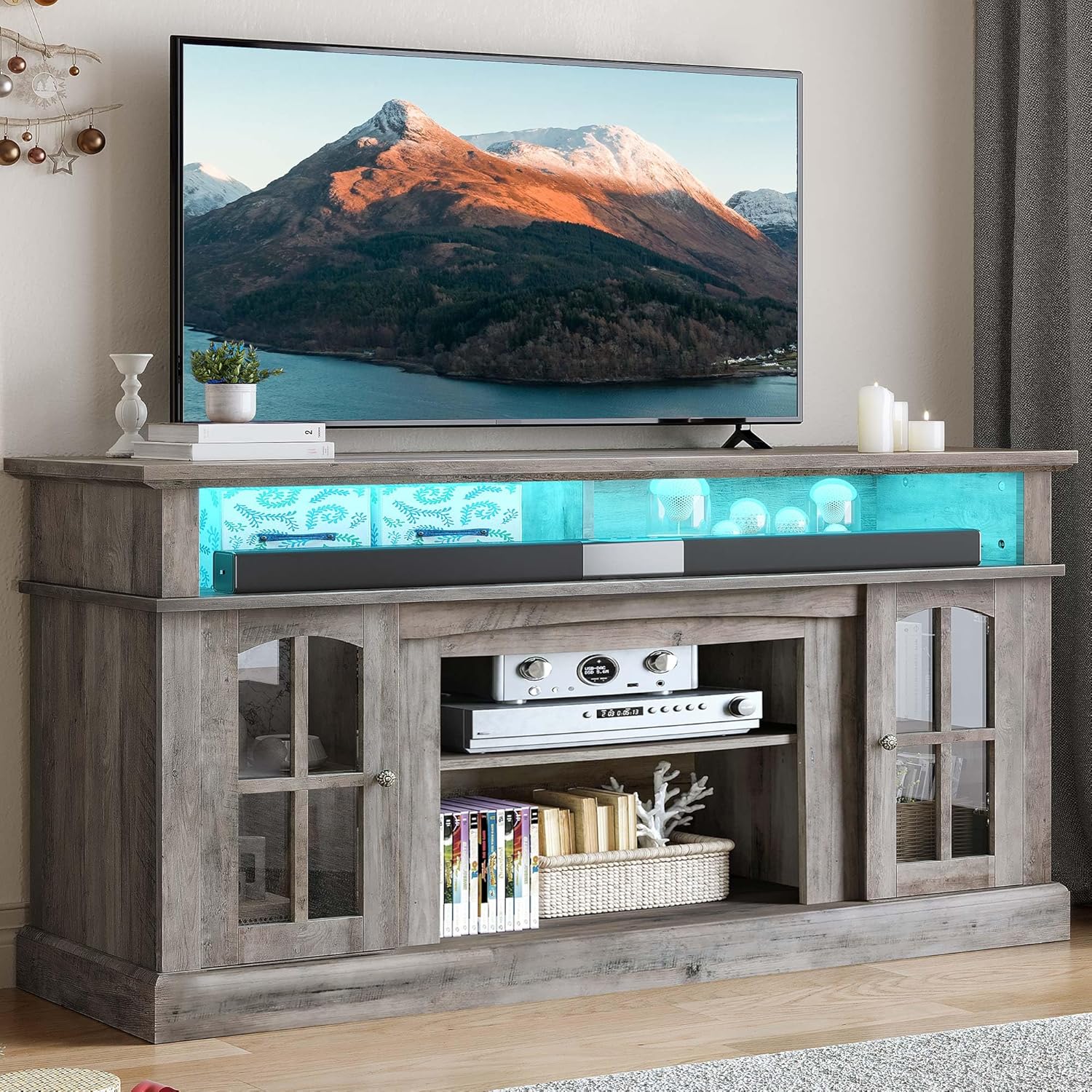 LED Farmhouse TV Stand for TV up to 75" w/Outlets, Highboy Media Entertainment Center Console Table Adjustable Storage Shelves &Cabinet Glass Door for 400lbs for Living Room