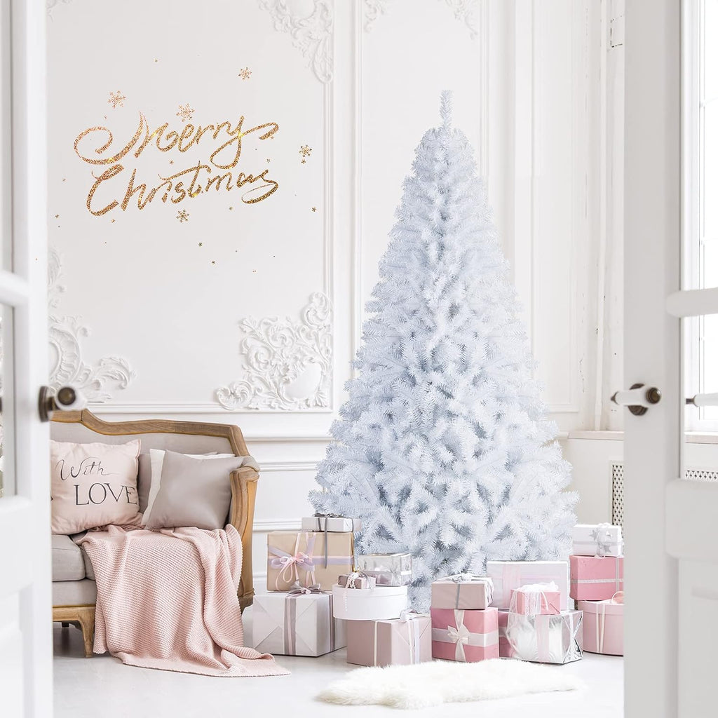 Goplus 7ft Artificial White Christmas Tree Xmas Pine Tree with Solid Metal Legs Perfect for Indoor and Outdoor Holiday Decoration