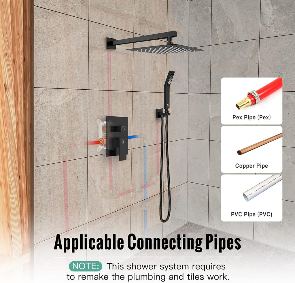 SR SUN RISE 12 Inches Matte Black Shower System 12 Inch Brass Bathroom Luxury Rain Mixer Shower Combo Set Wall Mounted Rainfall Shower Head System Shower Faucet Rough-in Valve Body and Trim Included