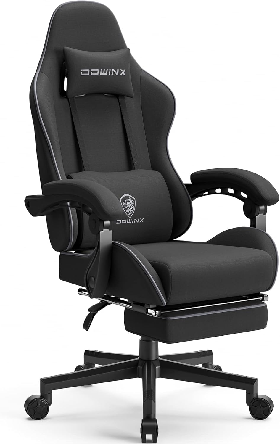Dowinx Gaming Chair Fabric with Pocket Spring Cushion, Massage Game Chair Cloth with Headrest, Ergonomic Computer Chair with Footrest 290LBS, Blue and Grey