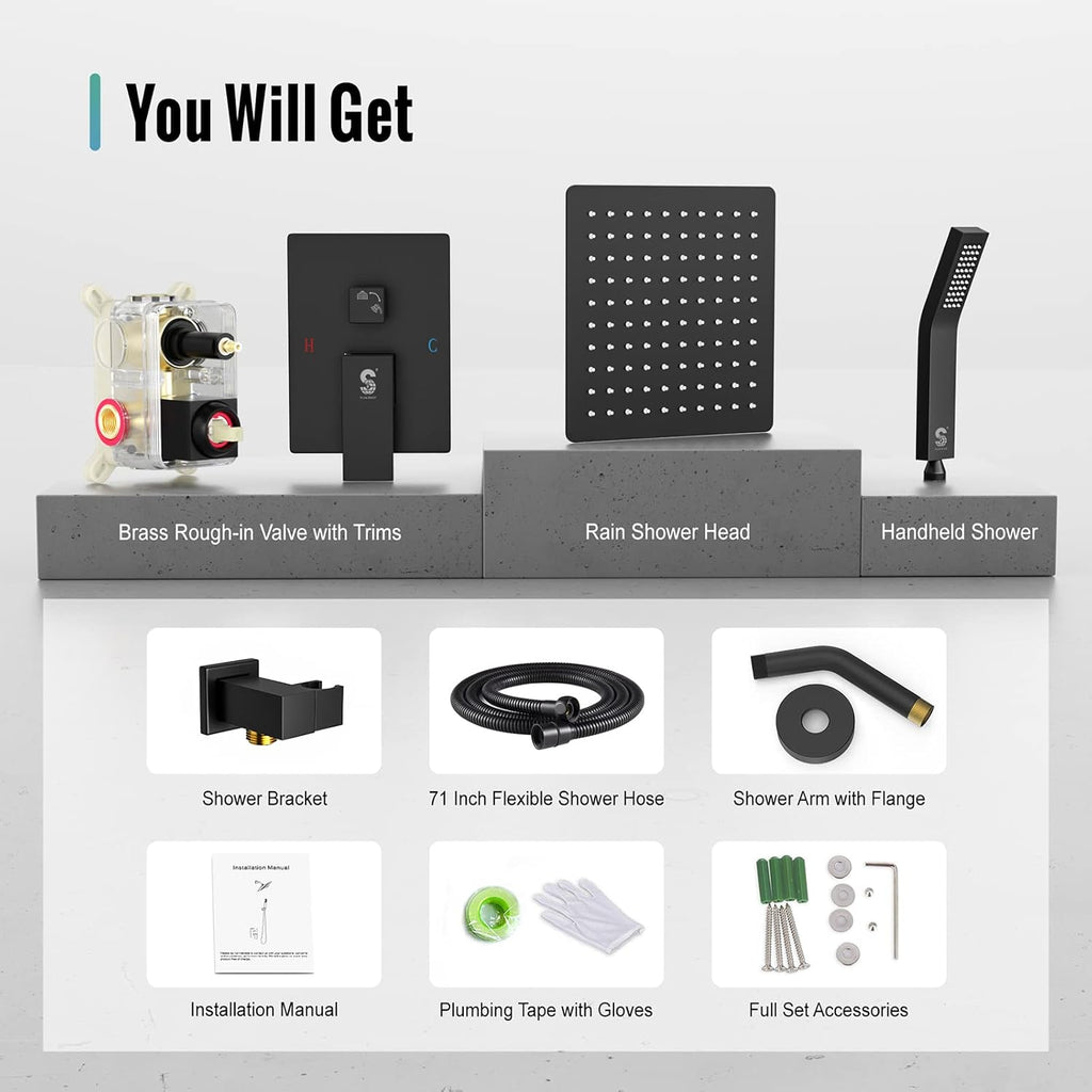 SR SUN RISE 12 Inches Matte Black Shower System 12 Inch Brass Bathroom Luxury Rain Mixer Shower Combo Set Wall Mounted Rainfall Shower Head System Shower Faucet Rough-in Valve Body and Trim Included