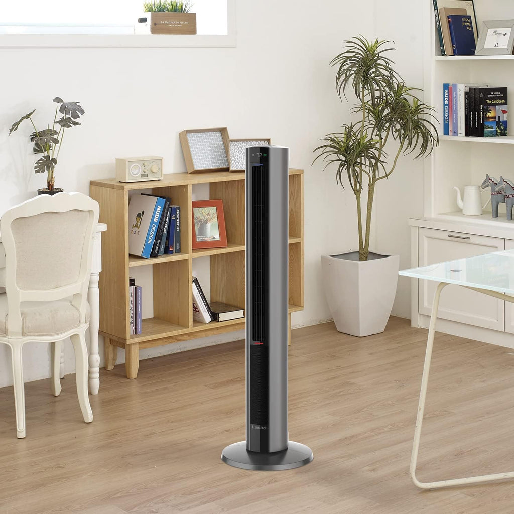 Lasko Oscillating All Season Tower Fan and Space Heater in One for Home with Adjustable Thermostat, Tip-Over Switch, 4 Fan Speeds, 3 Heat Settings and Remote Control, 42 Inches, 1500W, Gray, FH515