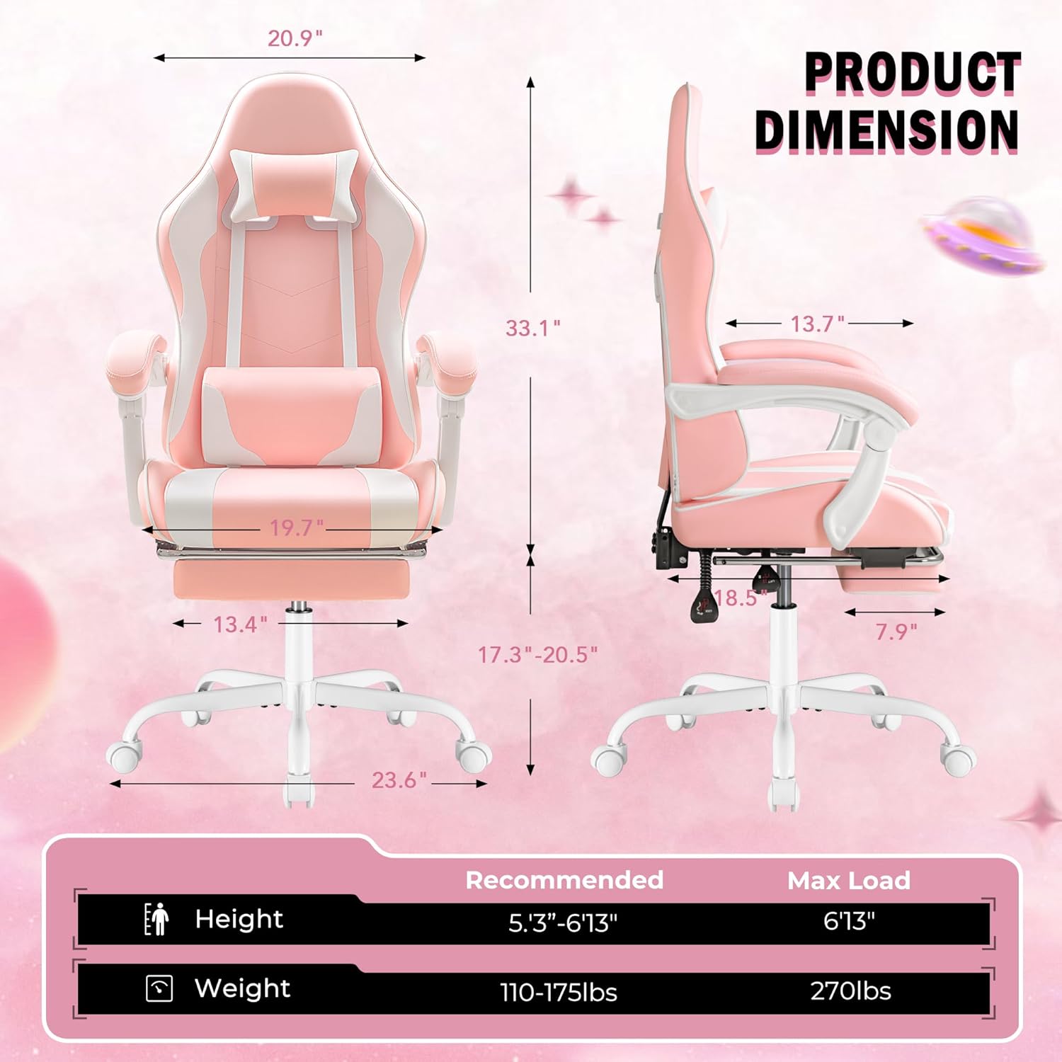 Homall Gaming Chair, Video Game Chair with Footrest and Massage Lumbar Support, Ergonomic Computer Chair Height Adjustable with Swivel Seat and Headrest (Grey)