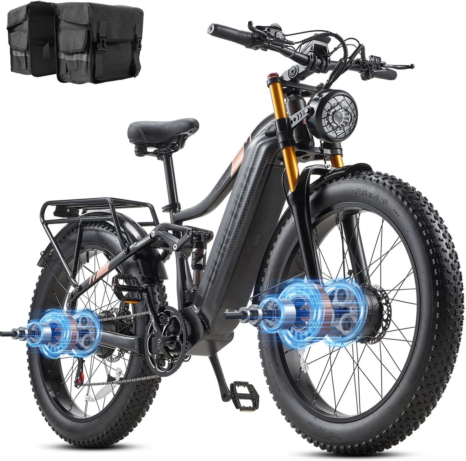 Dual Motor 2000W/1000W Electric Bike for Adult 48V 30AH/20Ah Removable Battery Up to &120 Miles Long Range 26"Fat Tire Off Road Mountain Full Suspension Electric Bicycle,Adjustable Stem,UL Certified