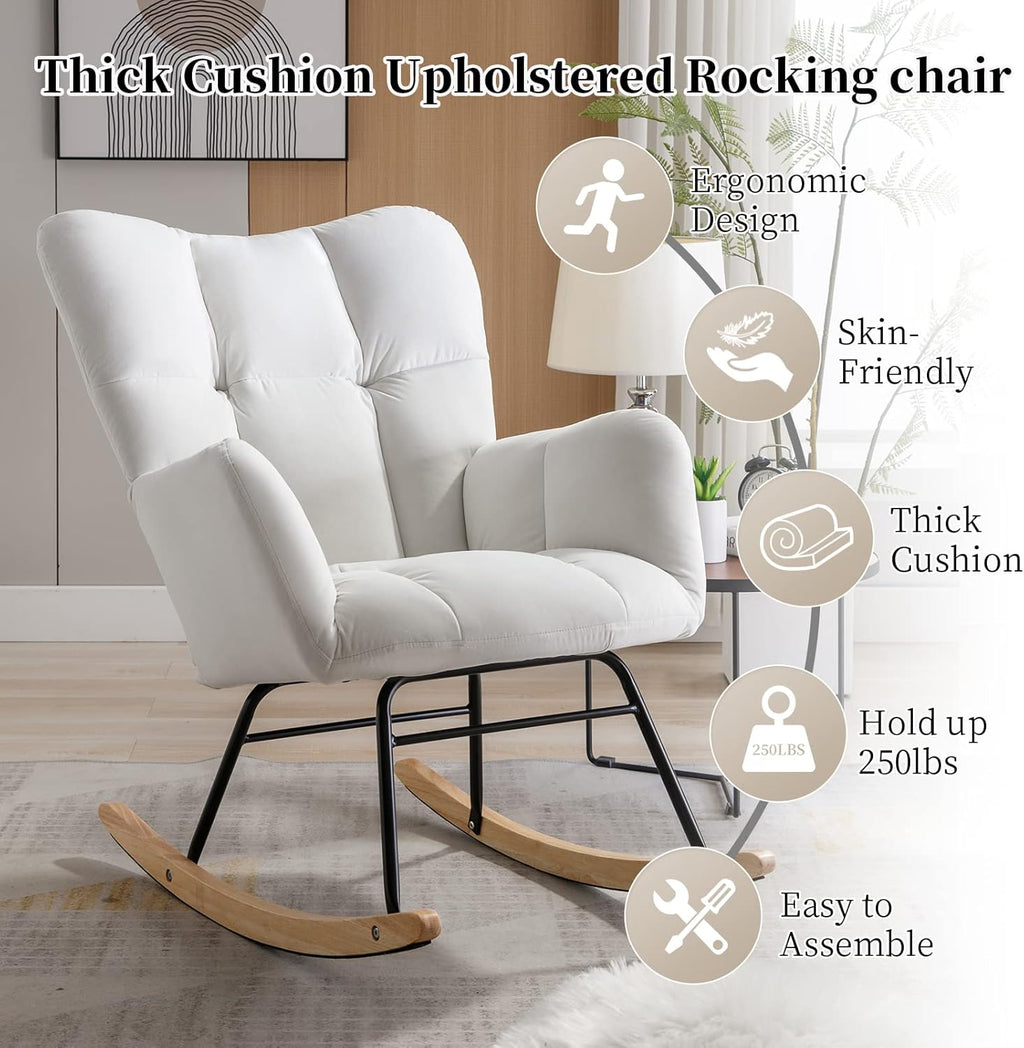 NIOIIKIT Nursery Rocking Chair Teddy Upholstered Glider Rocker Rocking Accent Chair Padded Seat with High Backrest Armchair Comfy Side Chair for Living Room Bedroom Offices (Ivory Teddy)