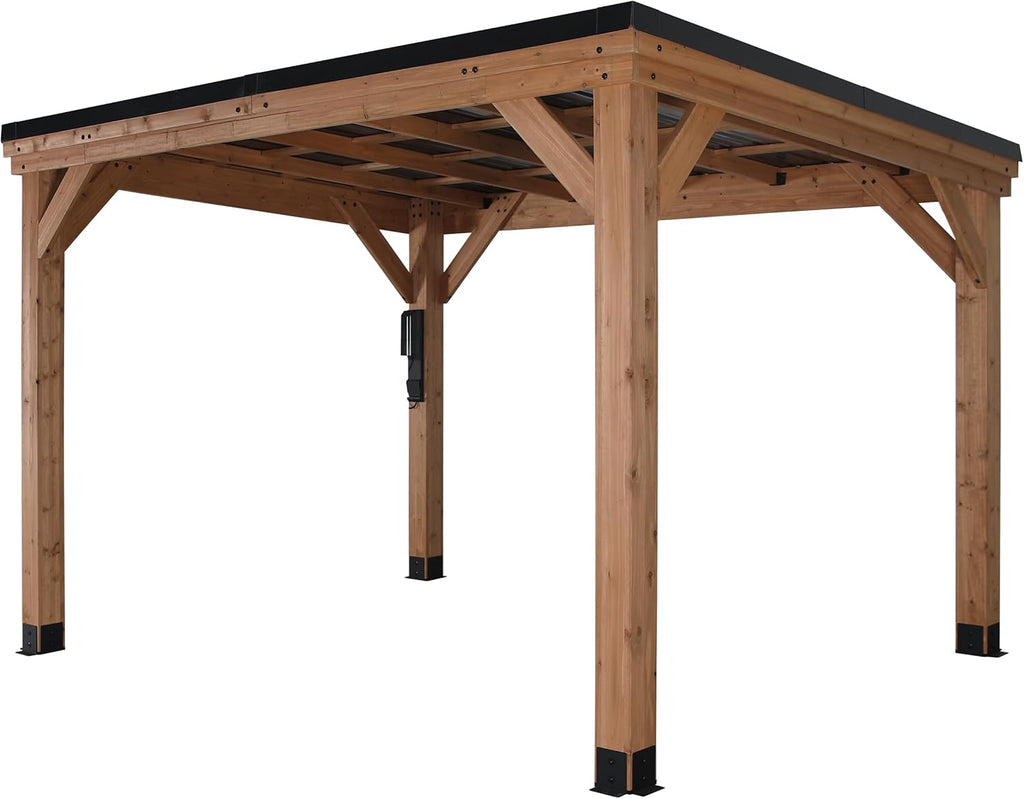 Backyard Discovery Saxony XL 12' x 6' Cedar Wood BBQ Grill Gazebo Pavilion with Hardtop Galvanized Steel Roof, Bar Tops, Powerport, Snow Support, Wind Resistance, Cook Station for Outdoor Patio, Deck