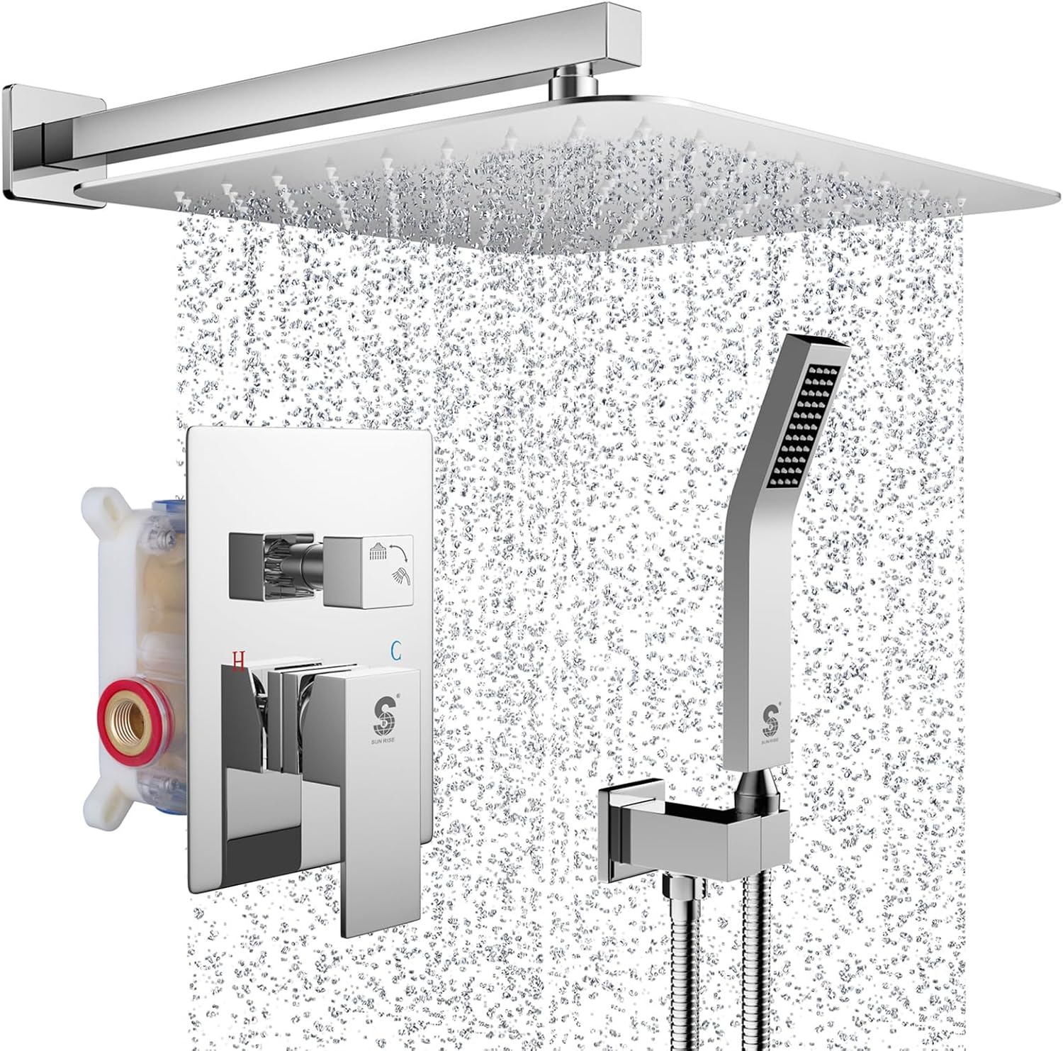 SR SUN RISE 12 Inches Matte Black Shower System 12 Inch Brass Bathroom Luxury Rain Mixer Shower Combo Set Wall Mounted Rainfall Shower Head System Shower Faucet Rough-in Valve Body and Trim Included