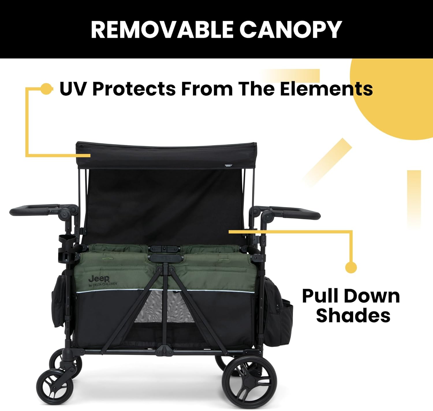 Delta Children - Jeep Wrangler Deluxe 4 Seater Stroller Wagon - Premium Quad Stroller Wagon for 4 Kids with Convertible Seats, Adjustable Push/Pull Handles, Removable Canopy & Flat Fold, Black/Green