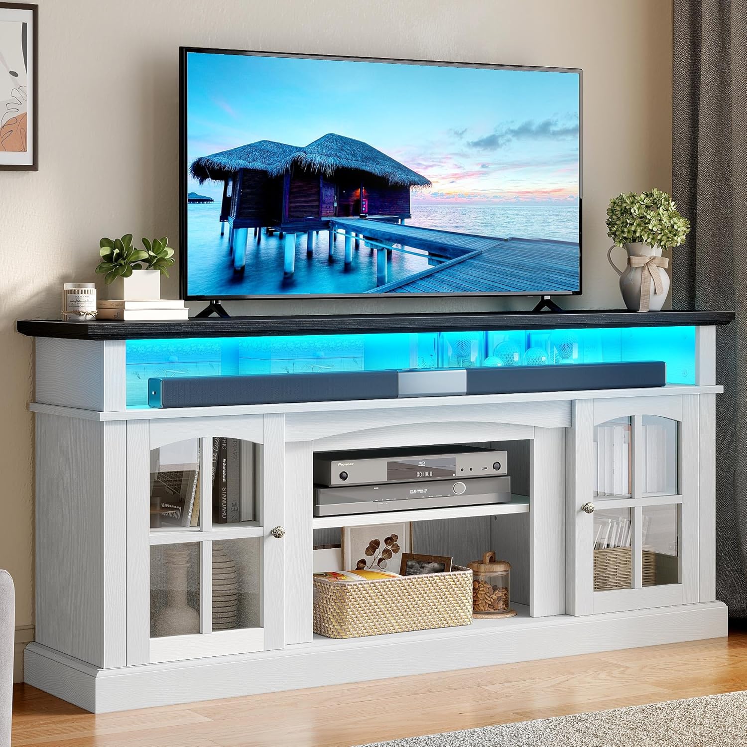 LED Farmhouse TV Stand for TV up to 75" w/Outlets, Highboy Media Entertainment Center Console Table Adjustable Storage Shelves &Cabinet Glass Door for 400lbs for Living Room