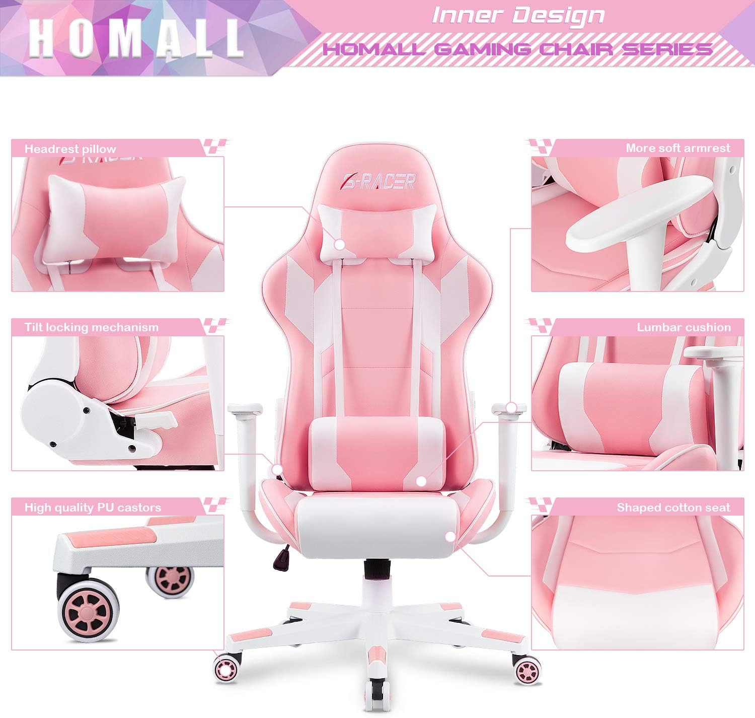 Homall Gaming Chair, Office Chair High Back Computer Chair Leather Desk Chair Racing Executive Ergonomic Adjustable Swivel Task Chair with Headrest and Lumbar Support (Dark Black)