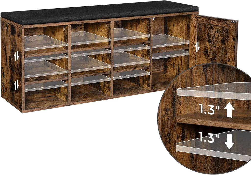 VASAGLE Shoe Bench, Storage Bench with Cupboard and 9 Open Compartments, Shoe Shelf, Padded Seat, Barn Door, 11.8 x 43.3 x 18.9 Inches, Rustic Brown ULHS058X01