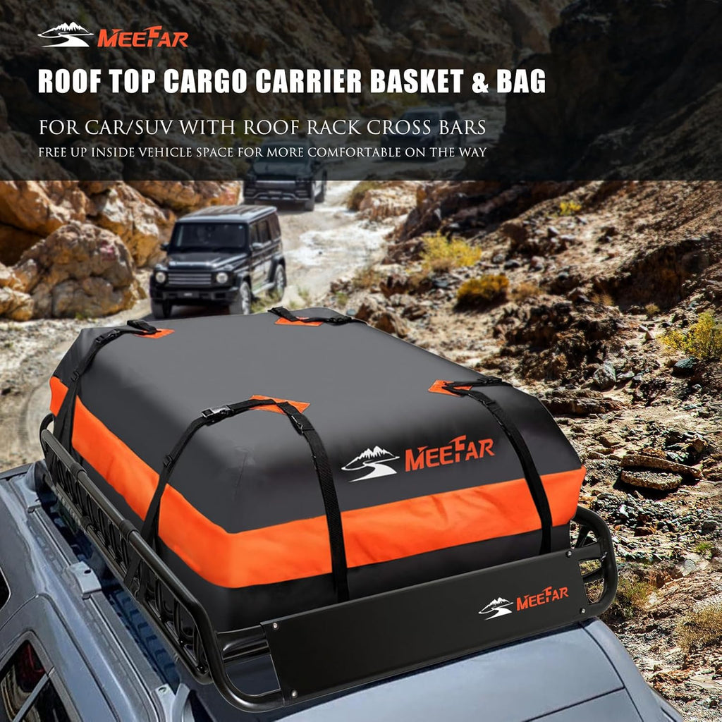 MeeFar High Rail Trailer Folding Hitch Mount Cargo Carrier Basket 60" X 24" X 14"+Waterproof Cargo Bag 20 cu ft(59" 24" 24"), Capacity of 500 Lbs with Hitch Stabilizer, Net, Lock and Straps