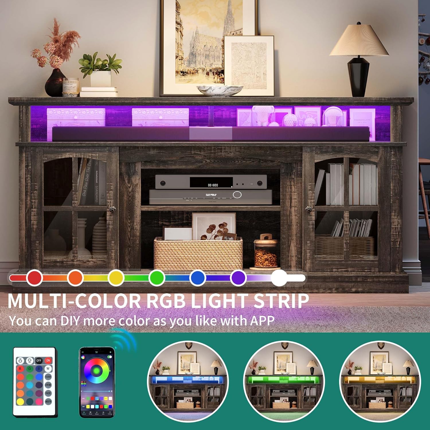 LED Farmhouse TV Stand for TV up to 75" w/Outlets, Highboy Media Entertainment Center Console Table Adjustable Storage Shelves &Cabinet Glass Door for 400lbs for Living Room