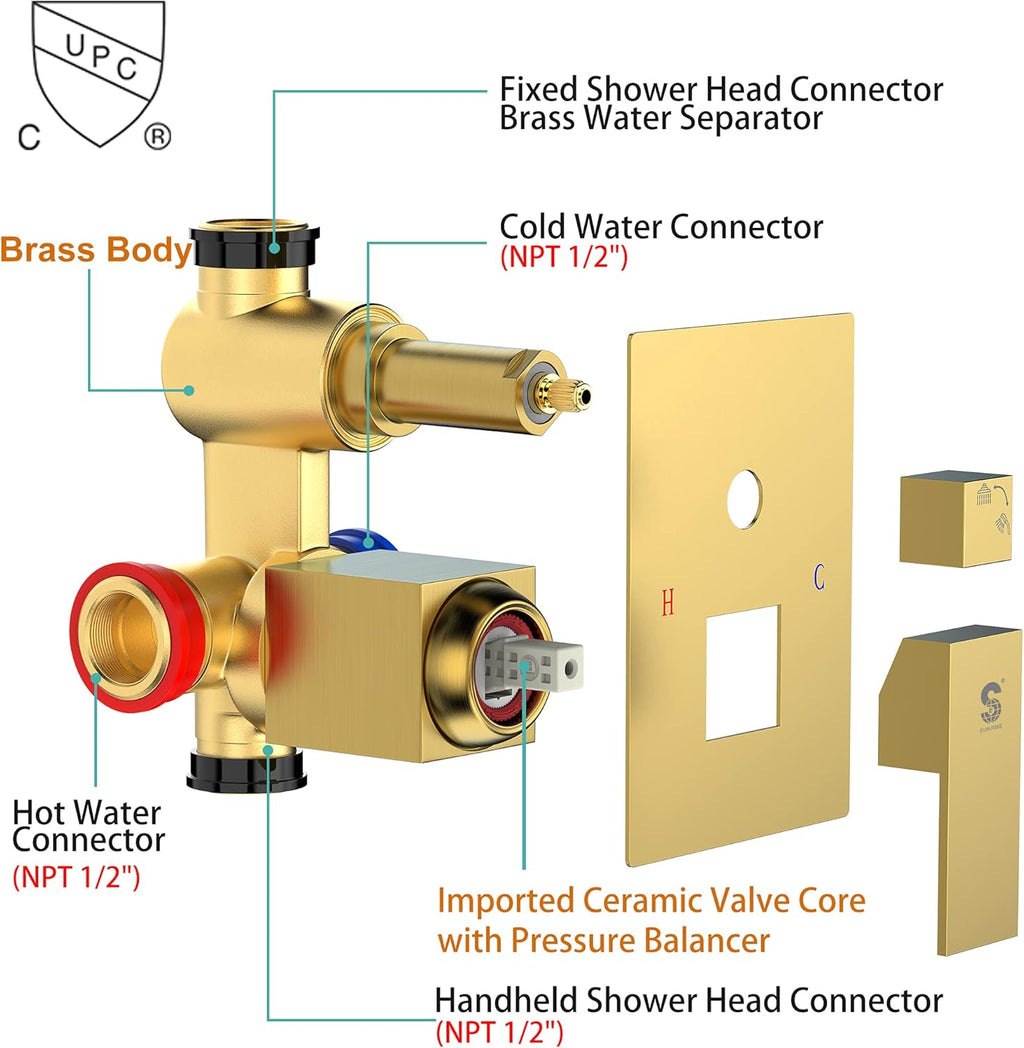 SR SUN RISE 12 Inches Matte Black Shower System 12 Inch Brass Bathroom Luxury Rain Mixer Shower Combo Set Wall Mounted Rainfall Shower Head System Shower Faucet Rough-in Valve Body and Trim Included
