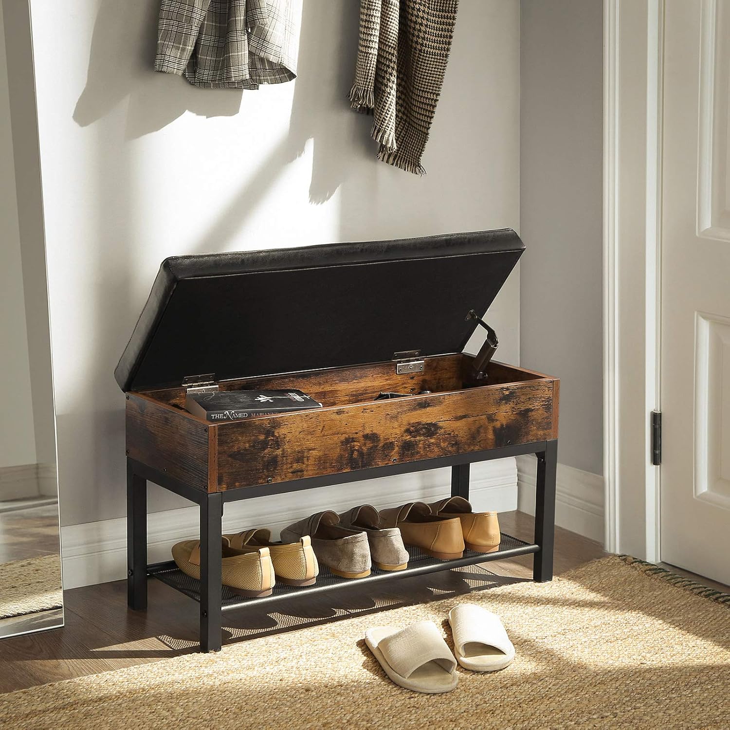 VASAGLE Shoe Bench, Storage Bench with Cupboard and 9 Open Compartments, Shoe Shelf, Padded Seat, Barn Door, 11.8 x 43.3 x 18.9 Inches, Rustic Brown ULHS058X01