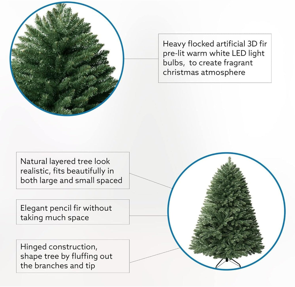 Naomi Home 6.5ft Rustic Christmas Tree with Lights, Realistic Classic Prelit with 2595 Branch Tips, 600 Warm Lights and Metal Stand, Aritificial Tree