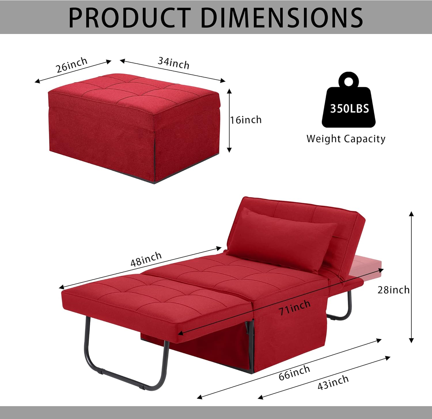 Sofa Bed, 4 in 1 Multi-Function Folding Ottoman Breathable Linen Couch Bed with Adjustable Backrest Modern Convertible Chair for Living Room Apartment Office