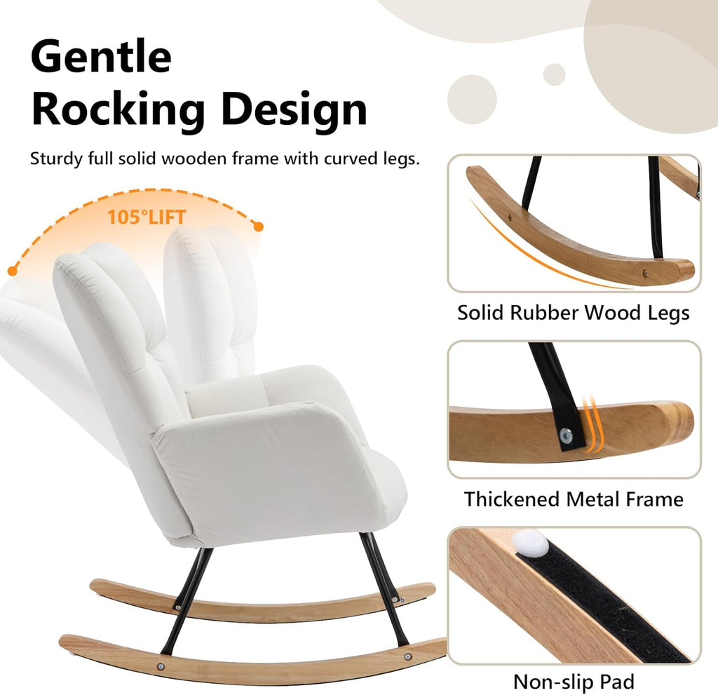 NIOIIKIT Nursery Rocking Chair Teddy Upholstered Glider Rocker Rocking Accent Chair Padded Seat with High Backrest Armchair Comfy Side Chair for Living Room Bedroom Offices (Ivory Teddy)