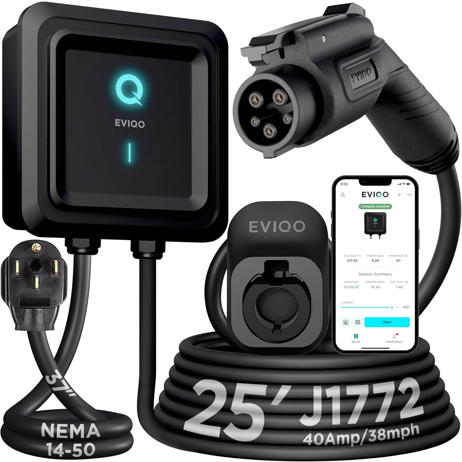EVIQO Level 2 EV Charger 40 Amp - 9.6 kW 240V Wall EV Charger Level 2 for Home, NEMA 14-50 Plug, J1772 25' Cable, Enhanced Wi-Fi – UL, ETL Certified EVSE, Smart Car EV Charging Station – GEN 2