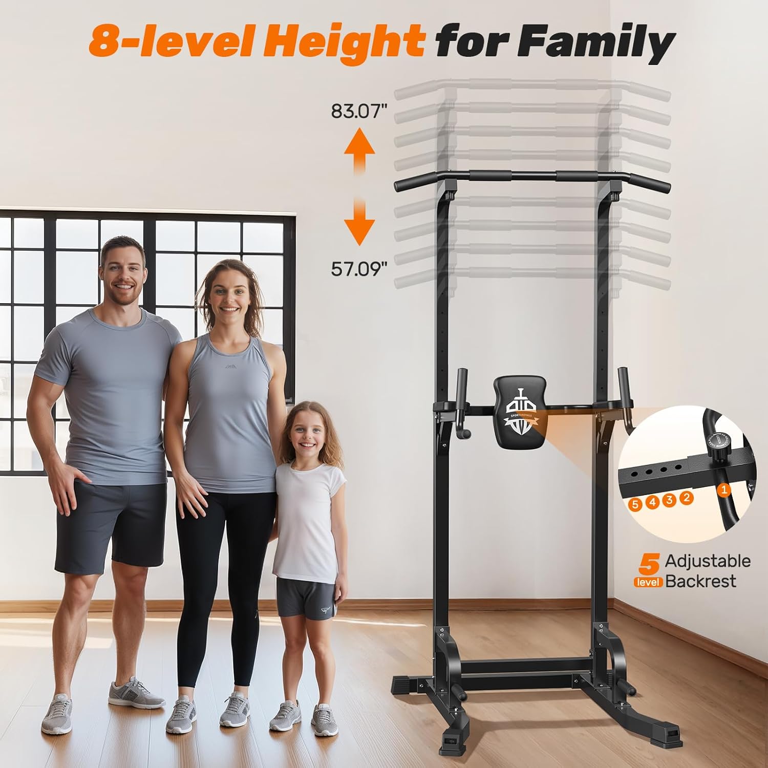 Sportsroyals Pull Up Bar Dip Station Power Tower Assistive Trainer Multi-Function Home Gym Strength Training Fitness Equipment 450LBS