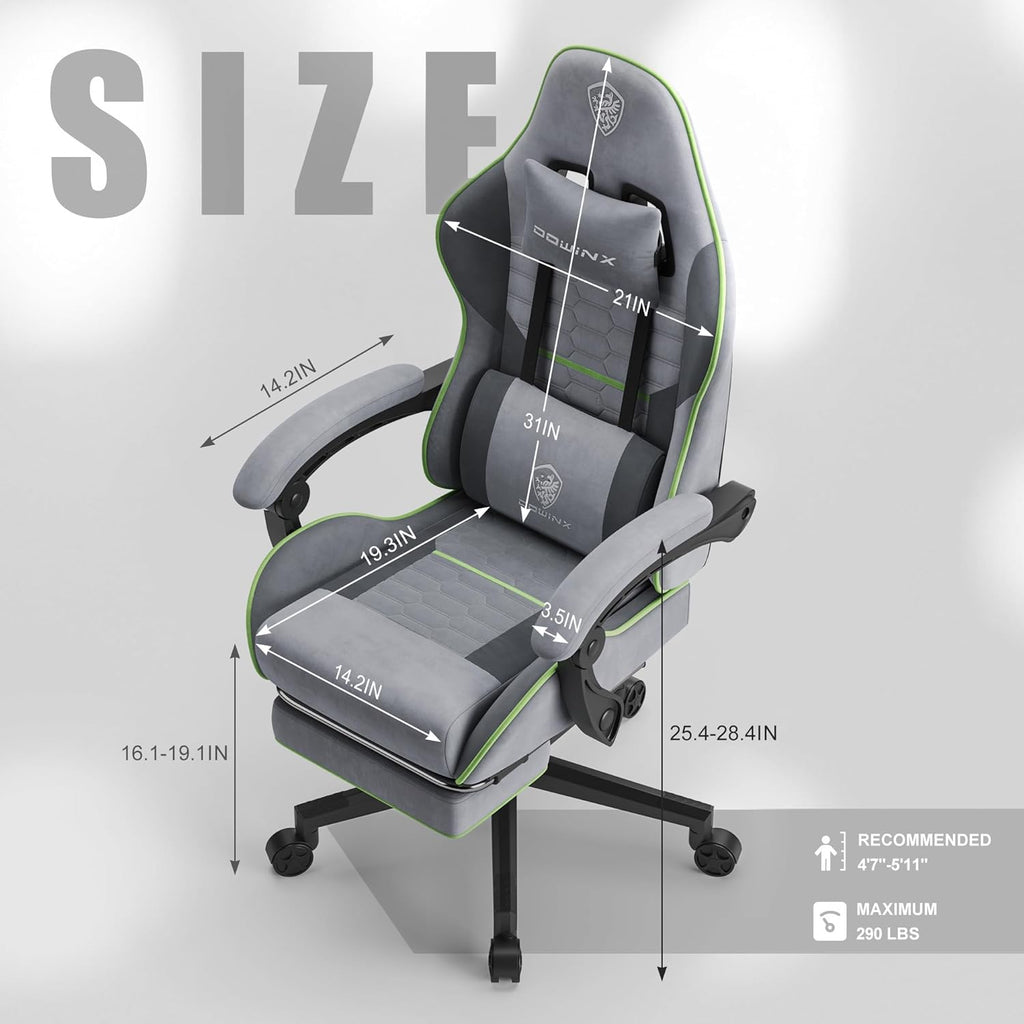 Dowinx Gaming Chair Fabric with Pocket Spring Cushion, Massage Game Chair Cloth with Headrest, Ergonomic Computer Chair with Footrest 290LBS, Blue and Grey
