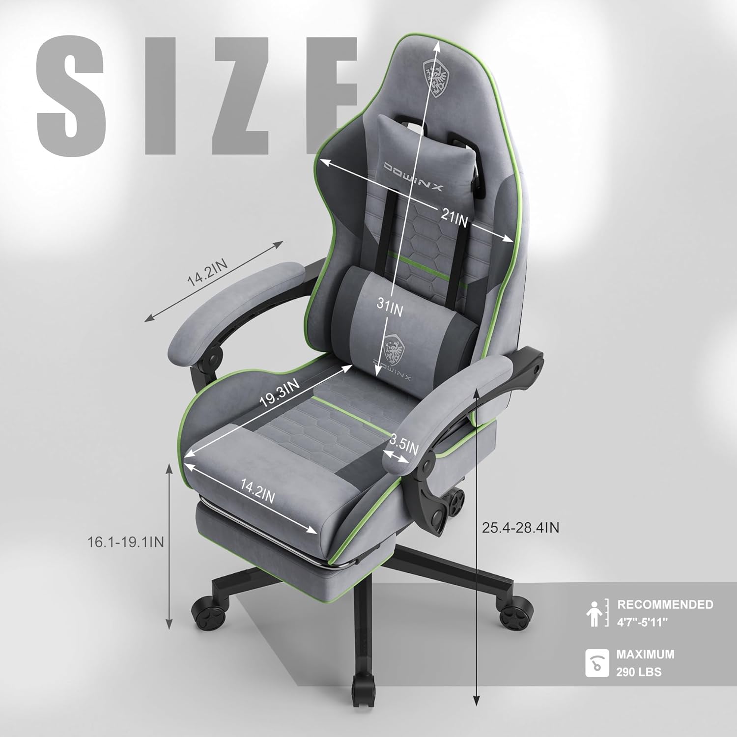 Dowinx Gaming Chair Fabric with Pocket Spring Cushion, Massage Game Chair Cloth with Headrest, Ergonomic Computer Chair with Footrest 290LBS, Blue and Grey