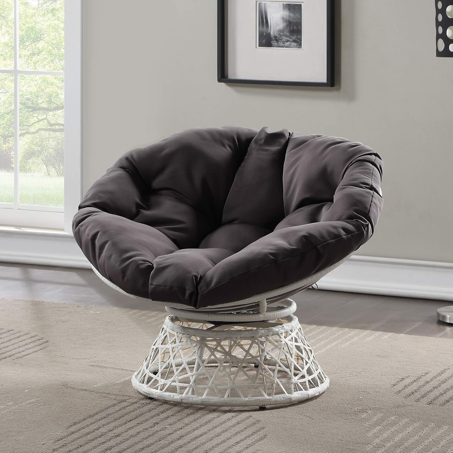 OSP Home Furnishings Wicker Papasan Chair with 360-Degree Swivel, Brown Frame with Brown Cushion