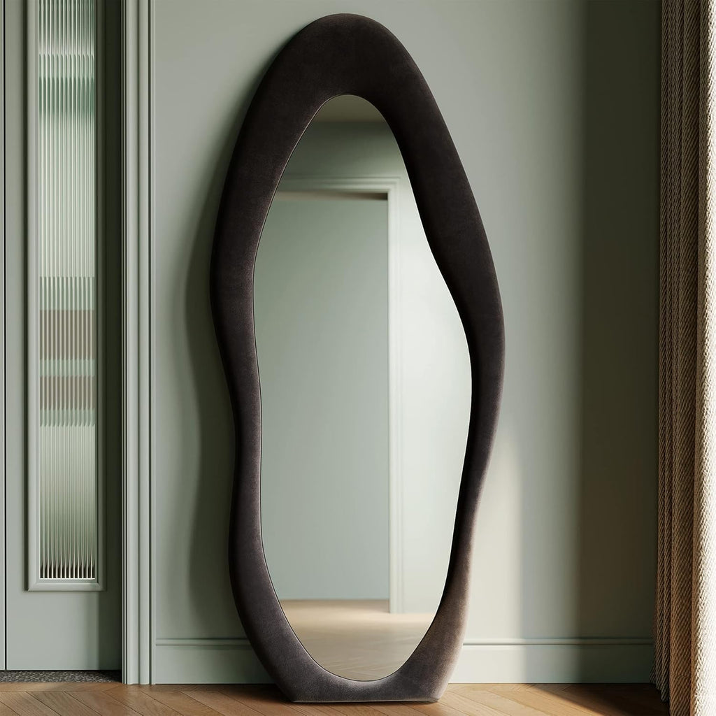 Honyee Full Length Mirror, 63" x 24" Wall Mirror, Flannel Wrapped Wooden Frame Full Body Mirror, Irregular Wavy Mirror Hanging or Leaning Against Wall for Cloakroom/Bedroom/Living Room, Ivory White