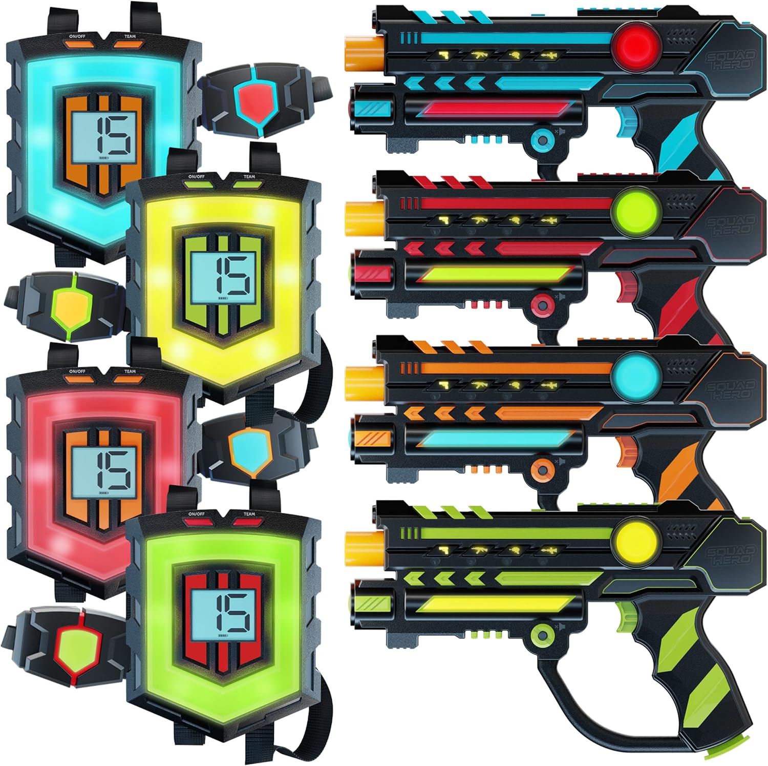 Squad Hero Rechargeable Laser Tag 360° Sensors + LCDs - Set of 4 - Gift Ideas for Kids Teens and Adults Boys & Girls Family Fun - Cool Teenage Lazer Group Activity - Teen Gifts Ages 8+ Year Old Boy