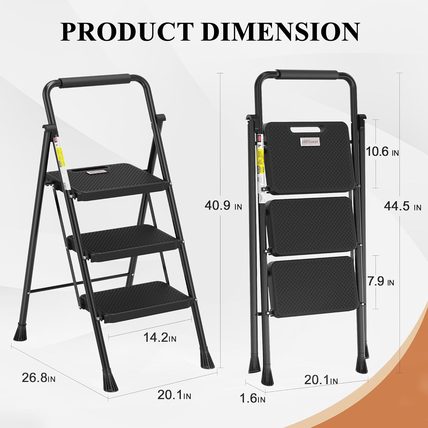 HBTower 3 Step Ladder, Folding Step Stool with Wide Anti-Slip Pedal, Sturdy Steel Ladder, Convenient Handrail, Lightweight, Portable Steel Step Stool