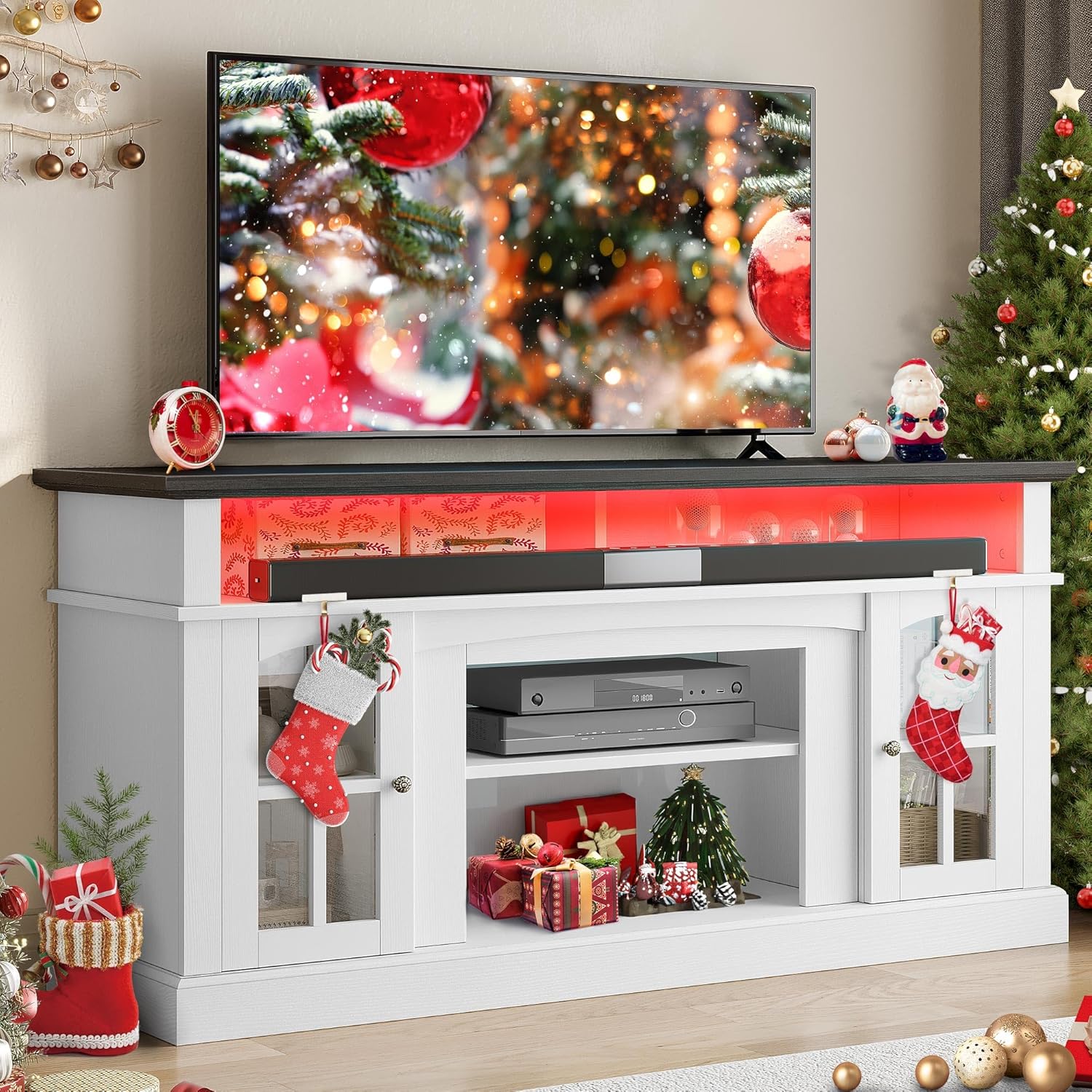 LED Farmhouse TV Stand for TV up to 75" w/Outlets, Highboy Media Entertainment Center Console Table Adjustable Storage Shelves &Cabinet Glass Door for 400lbs for Living Room