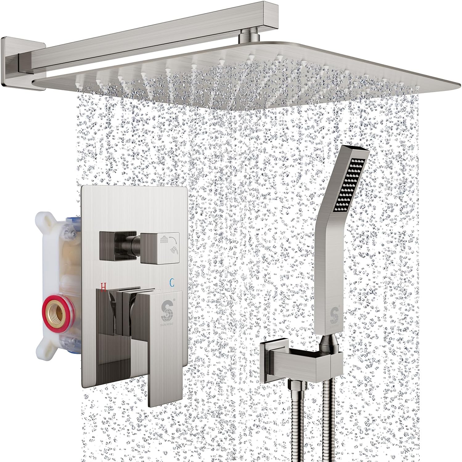 SR SUN RISE 12 Inches Matte Black Shower System 12 Inch Brass Bathroom Luxury Rain Mixer Shower Combo Set Wall Mounted Rainfall Shower Head System Shower Faucet Rough-in Valve Body and Trim Included
