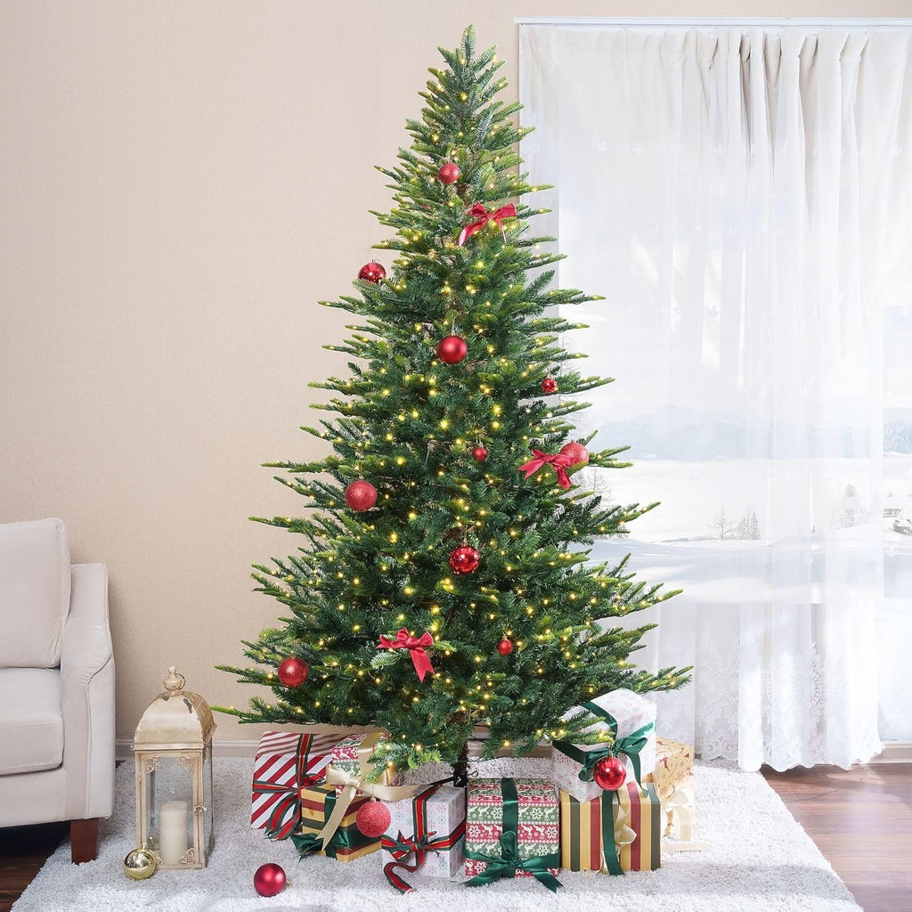 Naomi Home 6.5ft Rustic Christmas Tree with Lights, Realistic Classic Prelit with 2595 Branch Tips, 600 Warm Lights and Metal Stand, Aritificial Tree