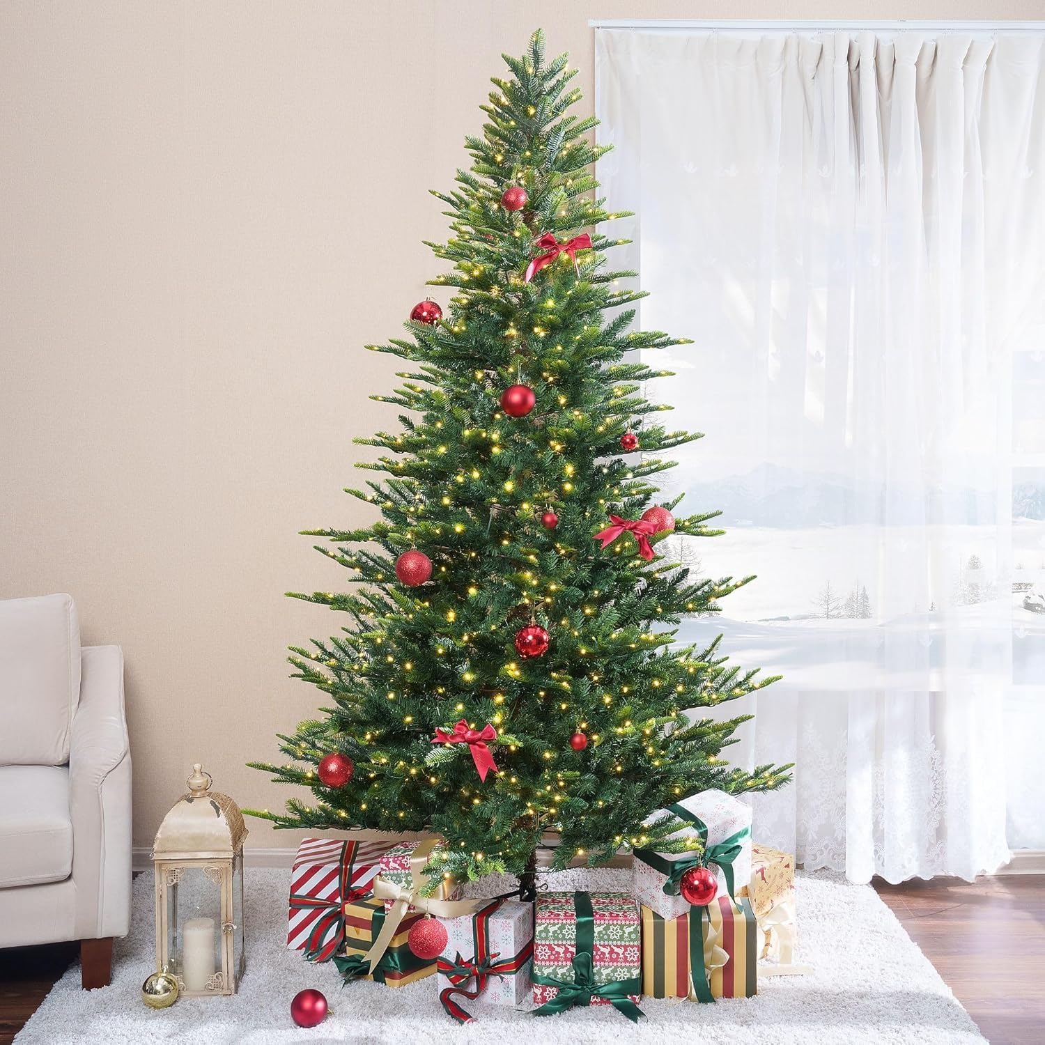 Naomi Home 6.5ft Rustic Christmas Tree with Lights, Realistic Classic Prelit with 2595 Branch Tips, 600 Warm Lights and Metal Stand, Aritificial Tree