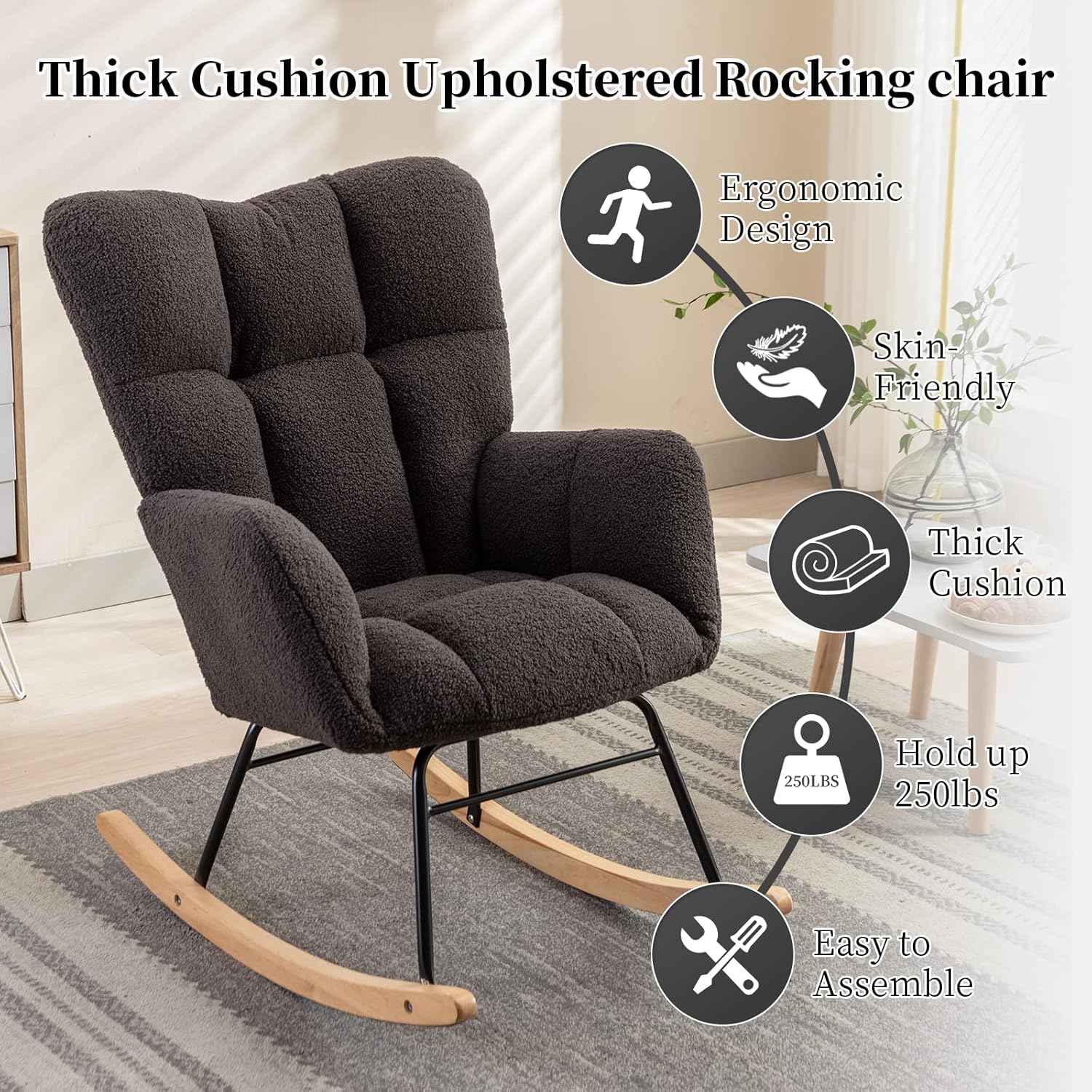 NIOIIKIT Nursery Rocking Chair Teddy Upholstered Glider Rocker Rocking Accent Chair Padded Seat with High Backrest Armchair Comfy Side Chair for Living Room Bedroom Offices (Ivory Teddy)