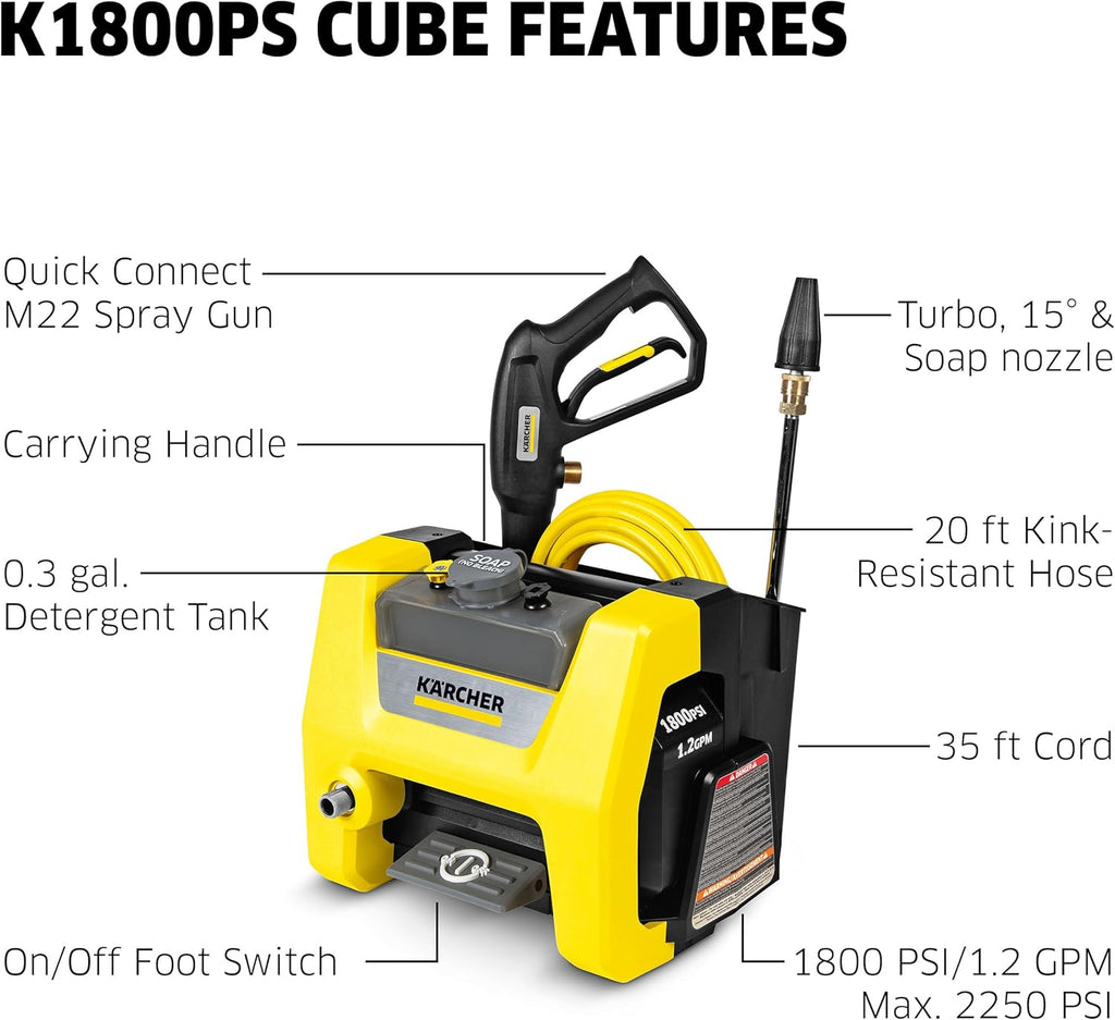Electric Karcher Pressure Washer K1700, Max 2125 PSI, 3 Spray Nozzles, Detergent Tank, For Cars, Driveways, Siding, Patios, 1.46 max. GPM