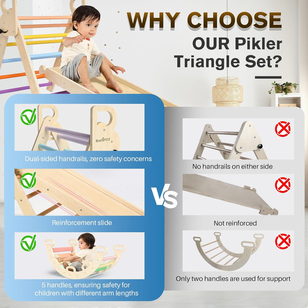 BlueWood Pikler Triangle Set 7in1 Foldable Baby Climbing Wooden Toys with Arch&Ramp&Ladder Climber Indoor Jungle Gyms for Toddlers - Natural Wood