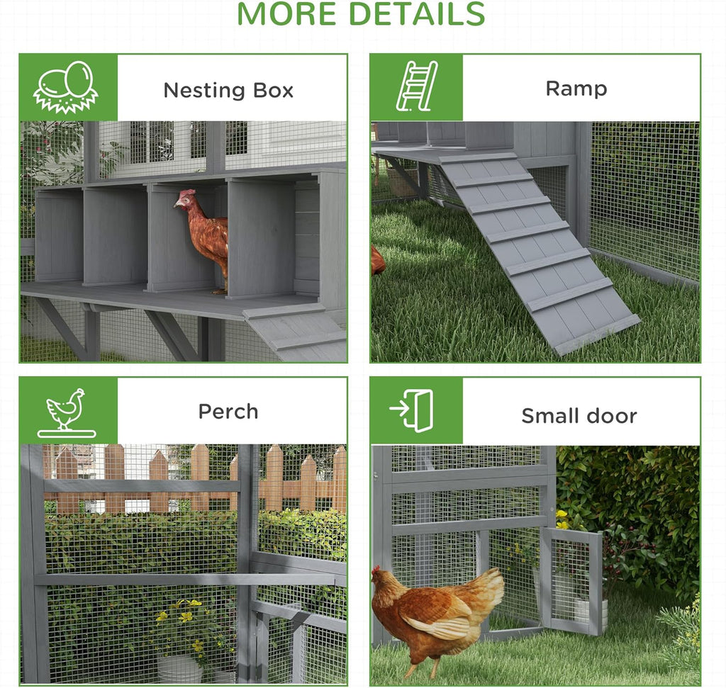 PawHut Large Chicken Run, Wooden Chicken Coop with Waterproof & Anti-UV Cover, Split Door, 4 Nesting Boxes, Roosting Bar, Walk-in Chicken Pen for 8-12 Chickens, for Backyard, Farm, 9' x 6' x 6'