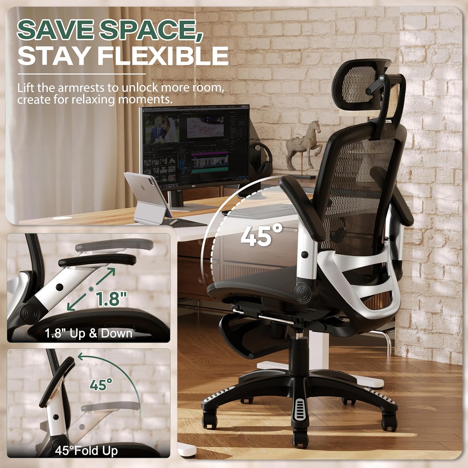 GABRYLLY Ergonomic Office Chair, High Back Home Desk Chair with Headrest, Flip-Up Arms, 90-120° Tilt Lock and Wide Cushion, Big and Tall Mesh Chairs for Man Woman, Grey Task Chair