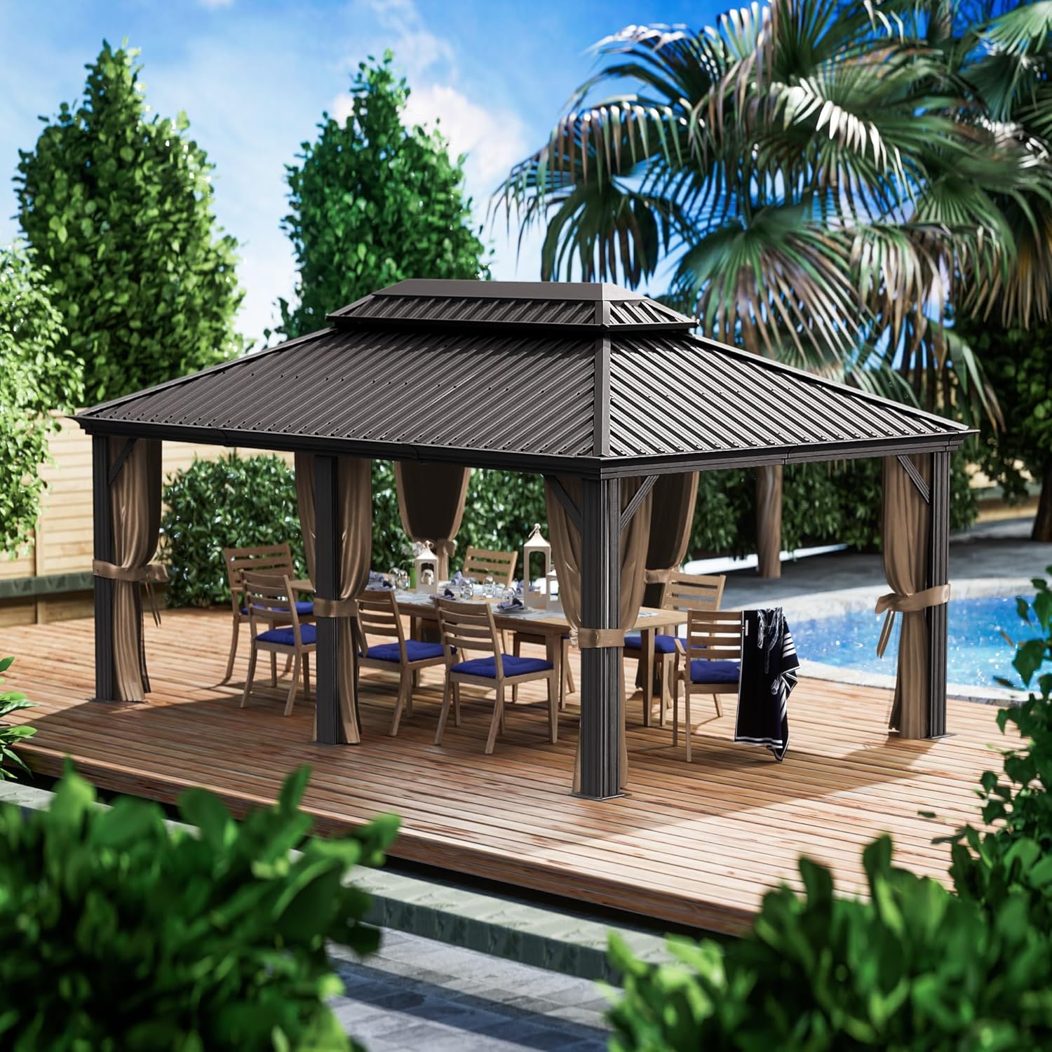Kozyard Alexander 10' X 12' Hardtop, Aluminum Metal Gazebo with Galvanized Steel Double Roof Canopy, Curtain and Netting, Permanent Pavilion for Patio, Backyard, Deck, Lawn (Gray)