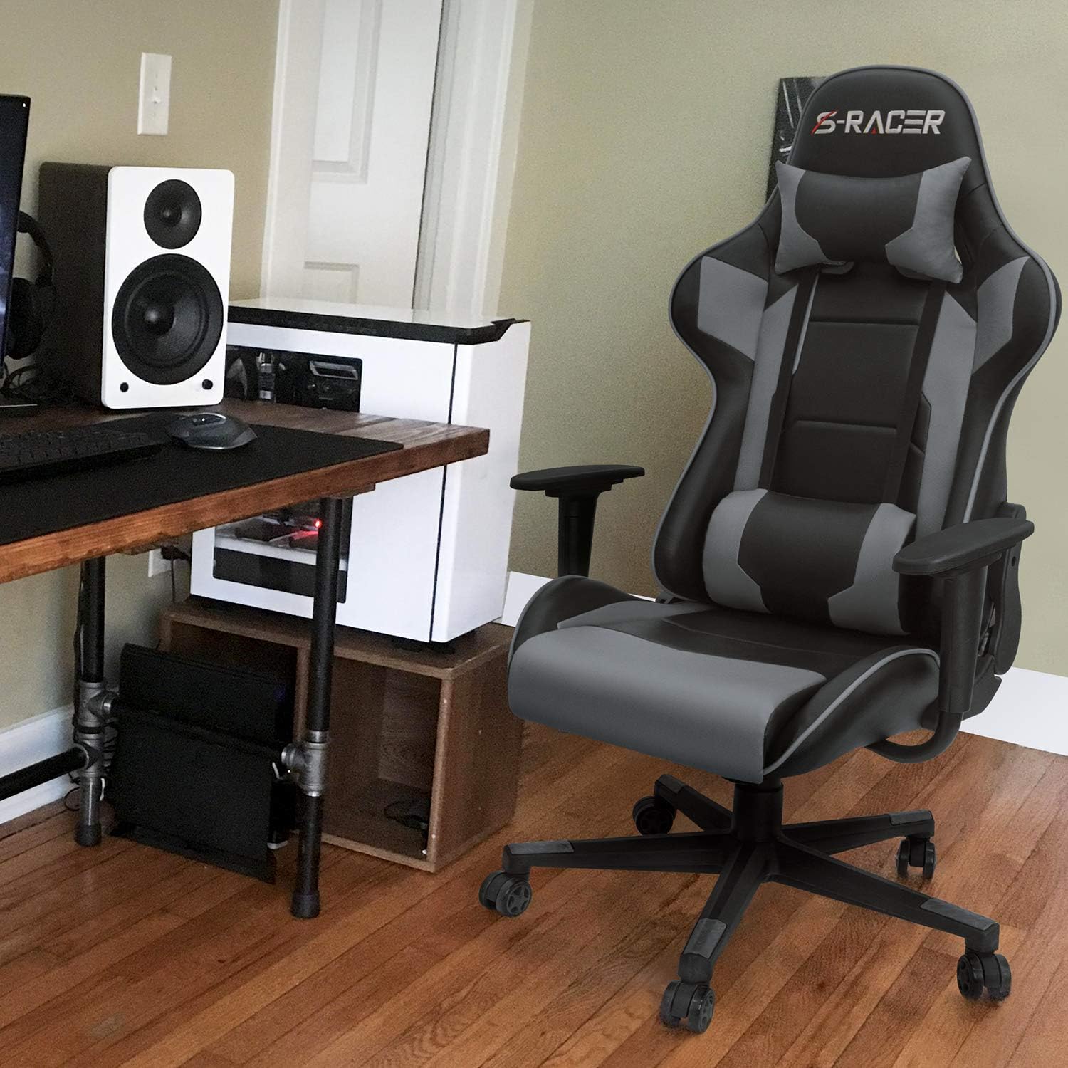 Homall Gaming Chair, Office Chair High Back Computer Chair Leather Desk Chair Racing Executive Ergonomic Adjustable Swivel Task Chair with Headrest and Lumbar Support (Dark Black)
