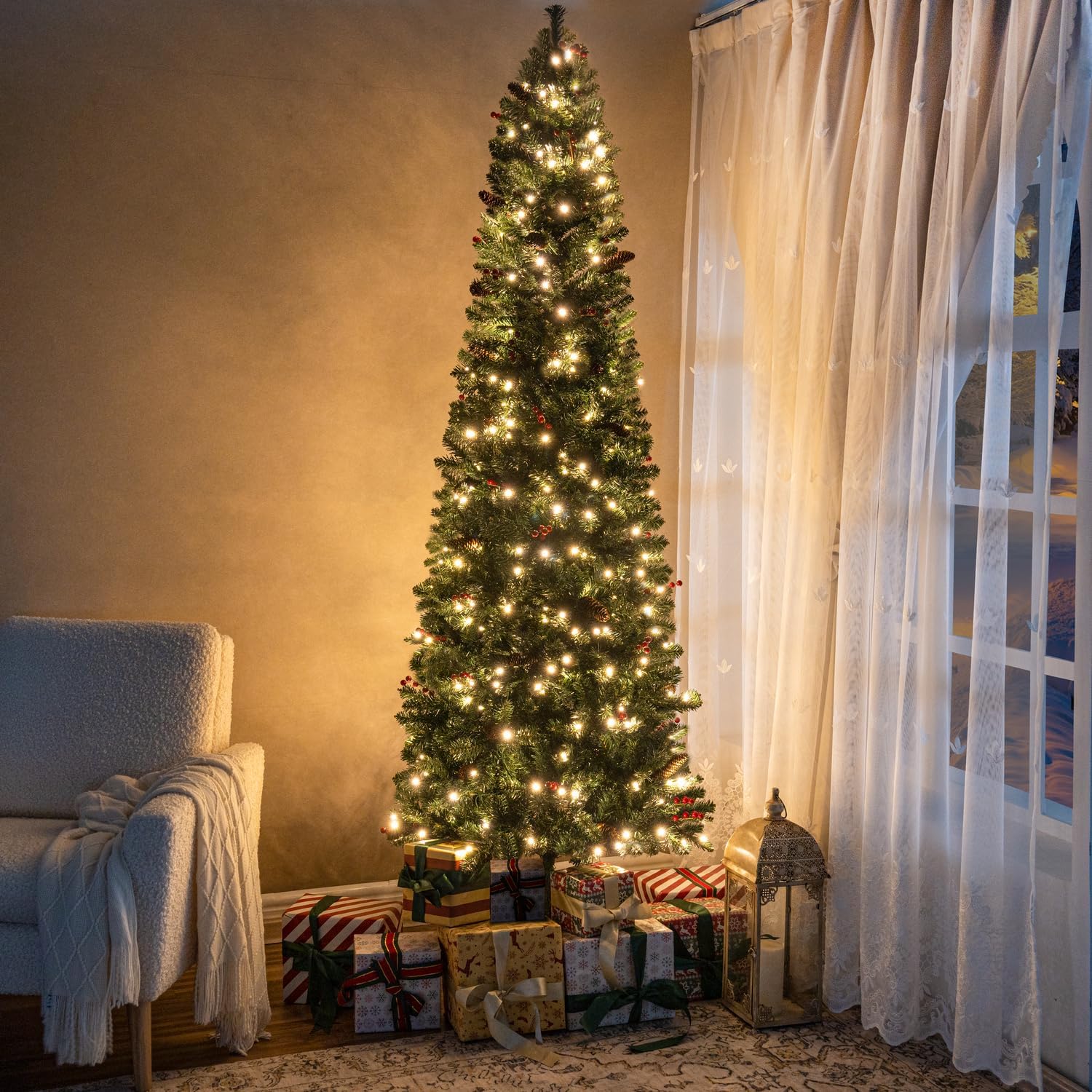 Naomi Home 6.5ft Rustic Christmas Tree with Lights, Realistic Classic Prelit with 2595 Branch Tips, 600 Warm Lights and Metal Stand, Aritificial Tree