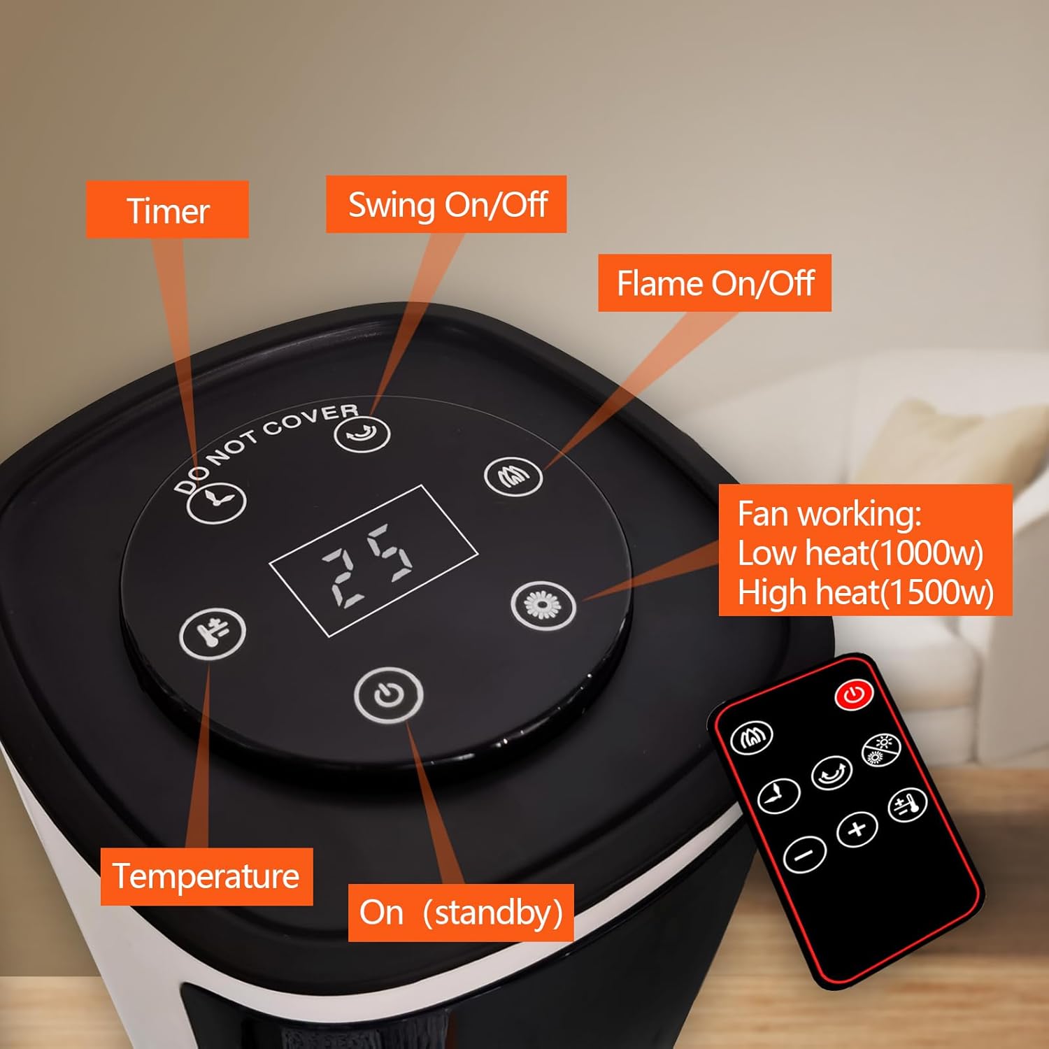 Tower Heater for Indoor Use, 750/1500W Ceramic Space Heater with Thermostat&Oscillating, Digital Space Heater with Realistic 3D Flame, Timer and Remote Control