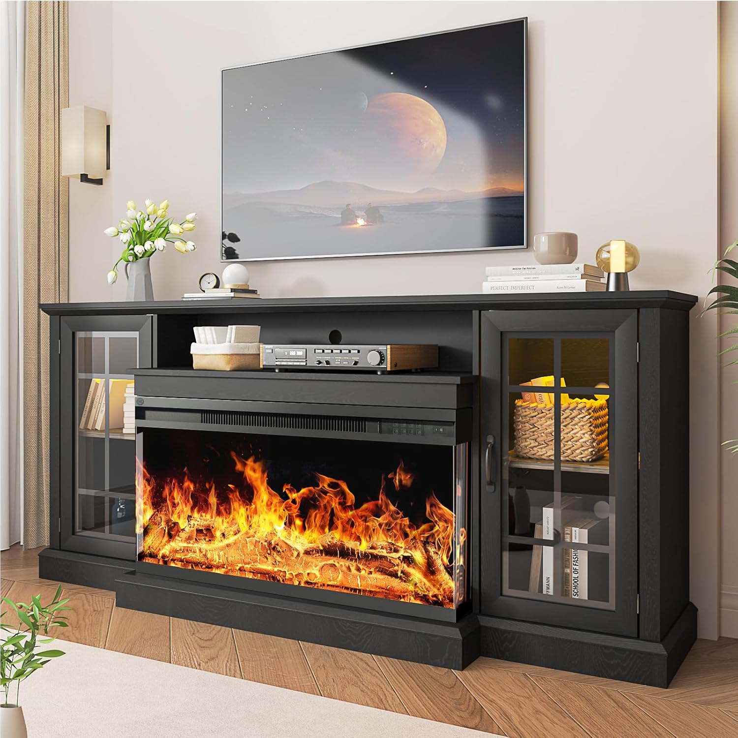 oneinmil 59'' Fireplace TV Stand, 3 Sided Glass Media Entertainment Center Console Table for TVs up to 65'' with Glass Door Adjustable Flame LED Color for Living Room, Set of TV Table, White