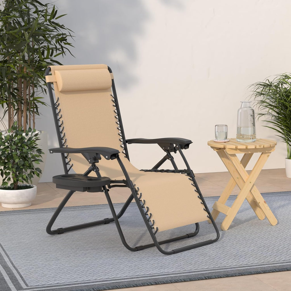 Best Choice Products Set of 2 Adjustable Steel Mesh Zero Gravity Lounge Chair Recliners w/Pillows and Cup Holder Trays - Beige