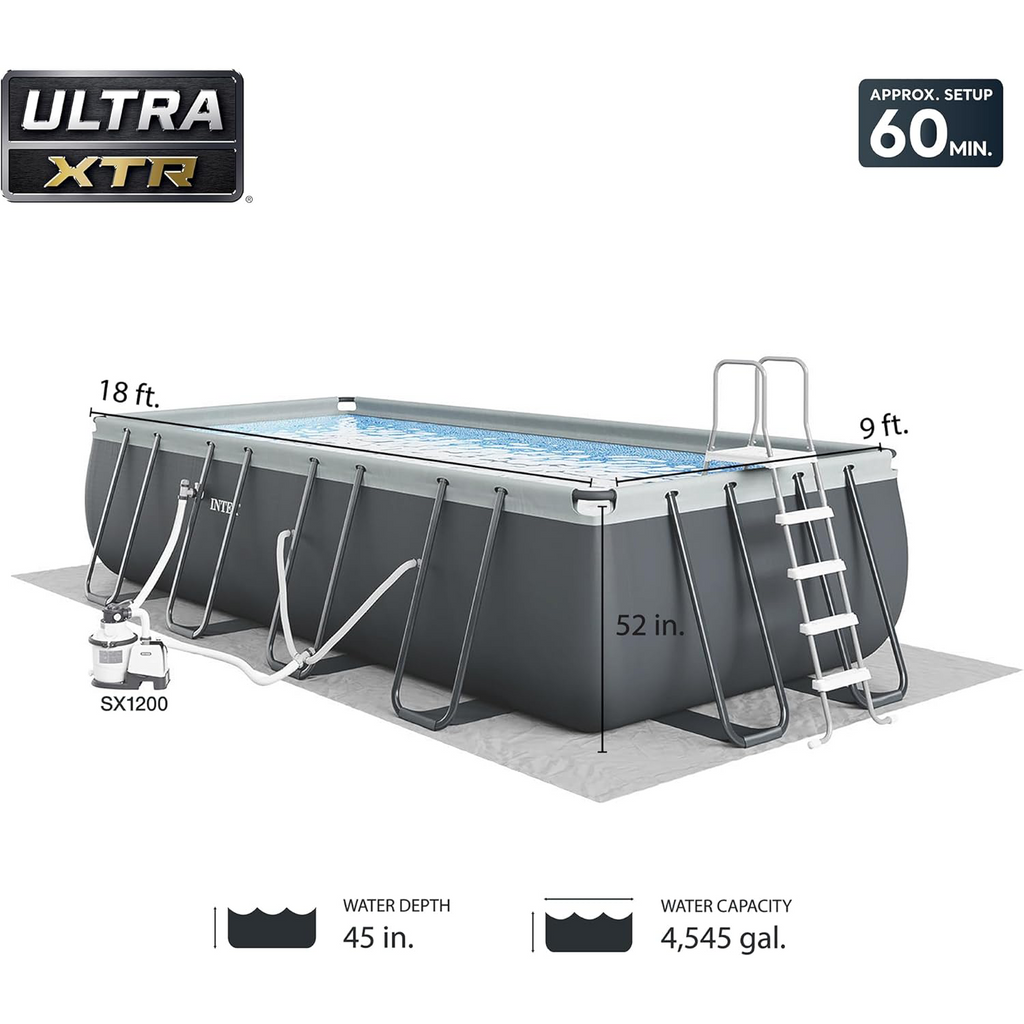 Intex 18' x 9' x 52" Ultra XTR Rectangular Frame Swimming Pool Set with Pump - Above Ground Backyard Large Rectangle Pool with 45-Inch Deep Water