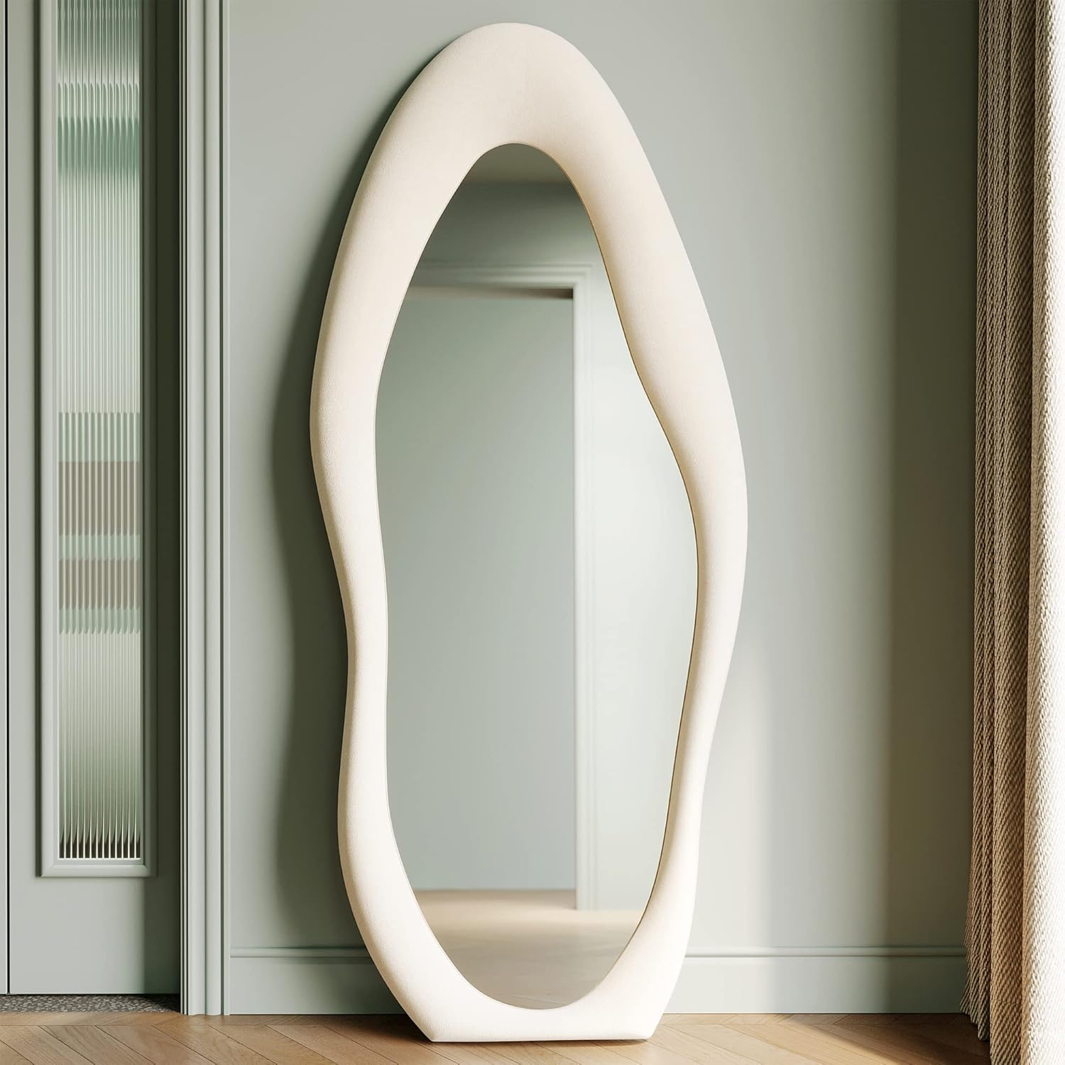 Honyee Full Length Mirror, 63" x 24" Wall Mirror, Flannel Wrapped Wooden Frame Full Body Mirror, Irregular Wavy Mirror Hanging or Leaning Against Wall for Cloakroom/Bedroom/Living Room, Ivory White