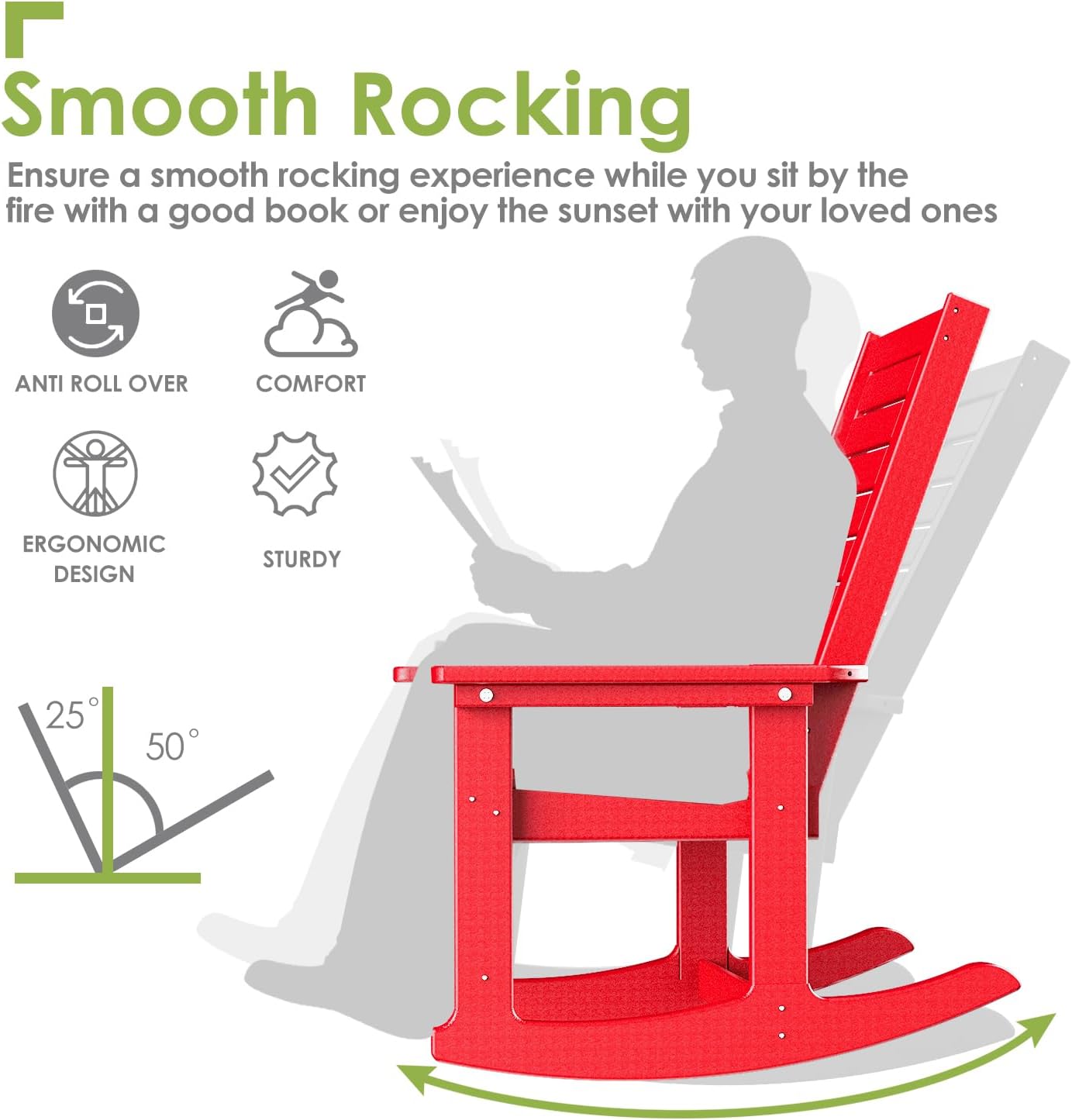 GREENVINES Outdoor Rocking Chairs | Set of 2 | Porch Rocker | HDPE Plastic | Black | Oversized Rockers | High Back | Big & Tall | Ladder Back | for Patio Outside Backyard Balcony Garden