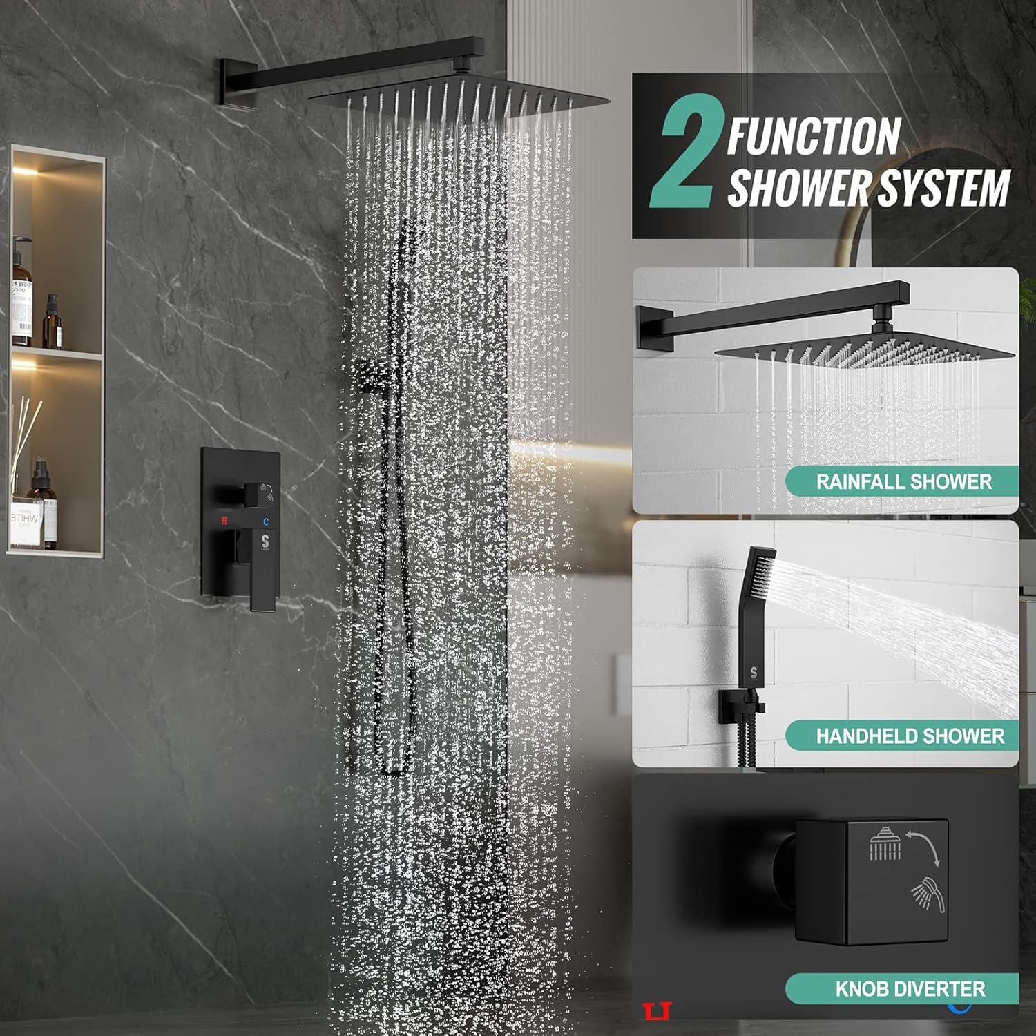 SR SUN RISE 12 Inches Matte Black Shower System 12 Inch Brass Bathroom Luxury Rain Mixer Shower Combo Set Wall Mounted Rainfall Shower Head System Shower Faucet Rough-in Valve Body and Trim Included
